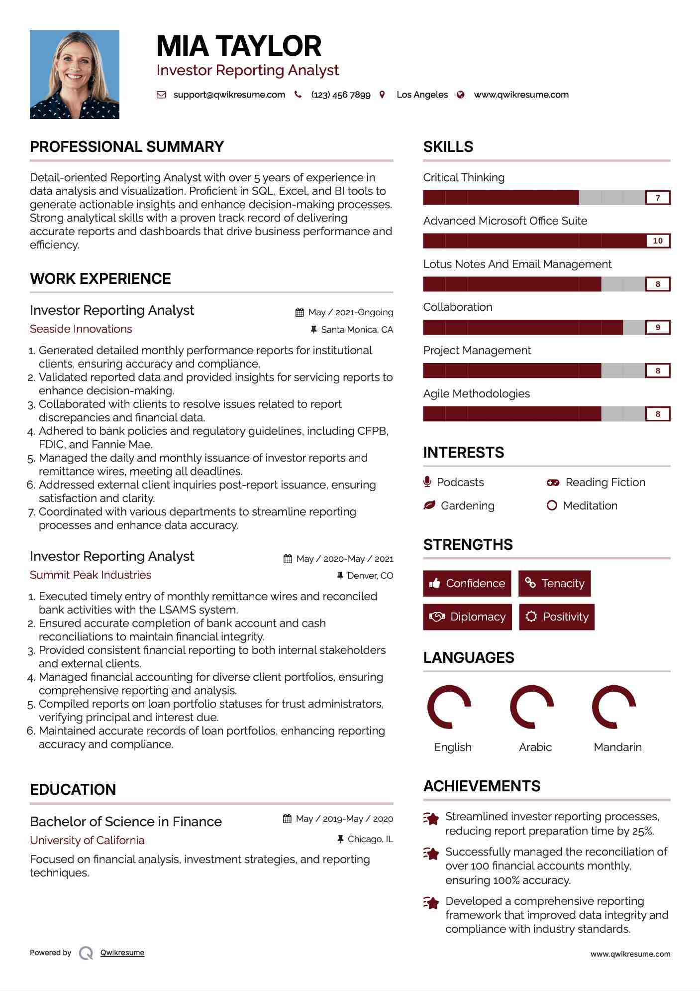 Investor Reporting Analyst Resume Format