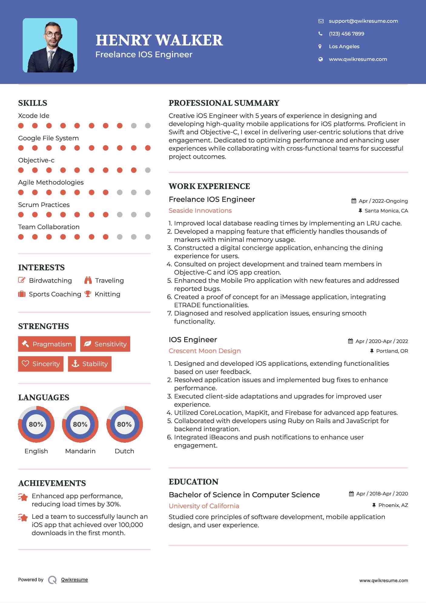 Freelance IOS Engineer Resume Example