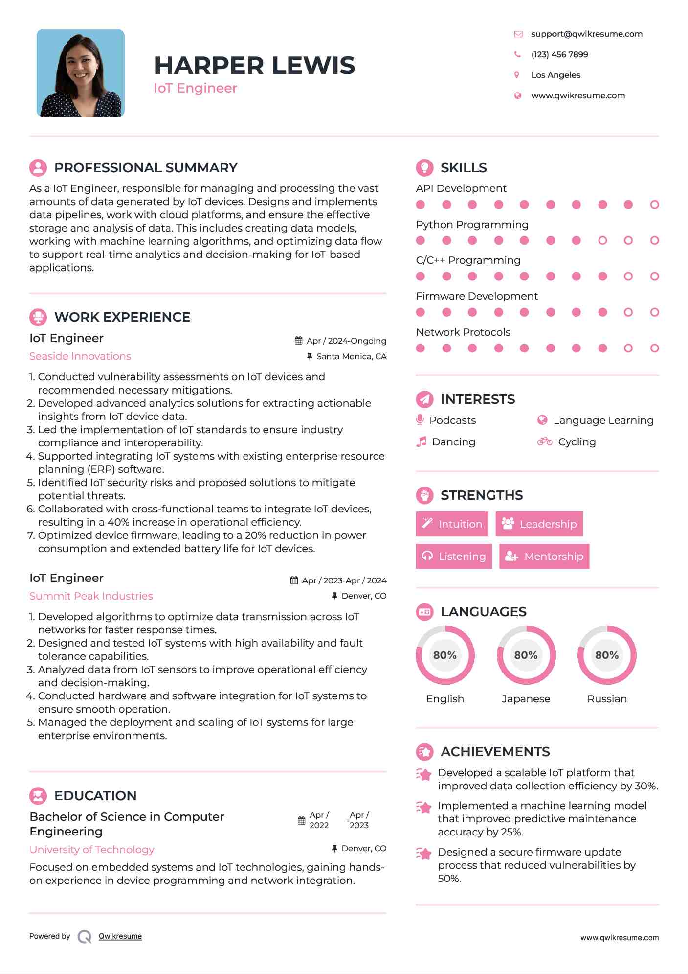 IoT Engineer Resume Example