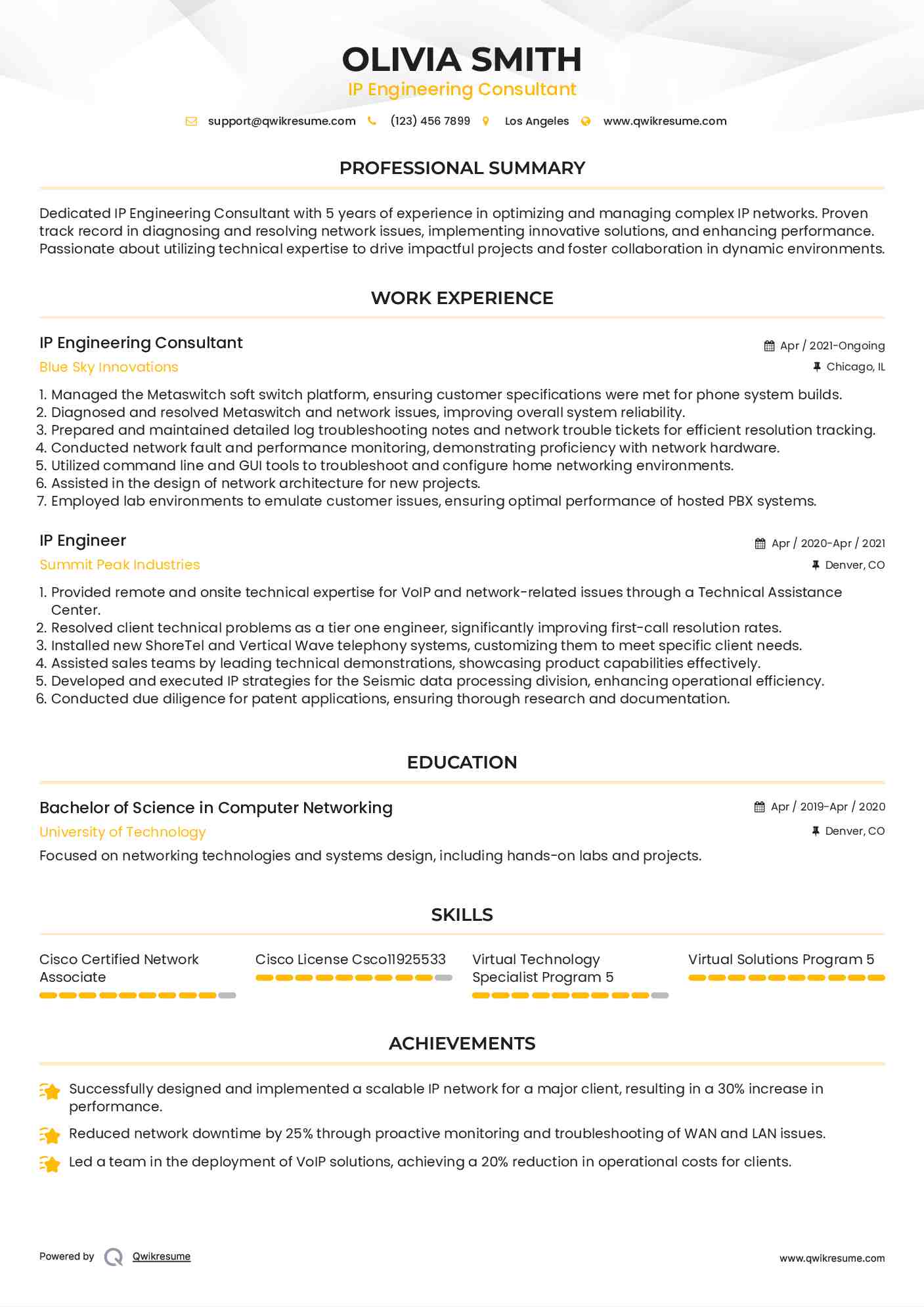 IP Engineering Consultant Resume Sample
