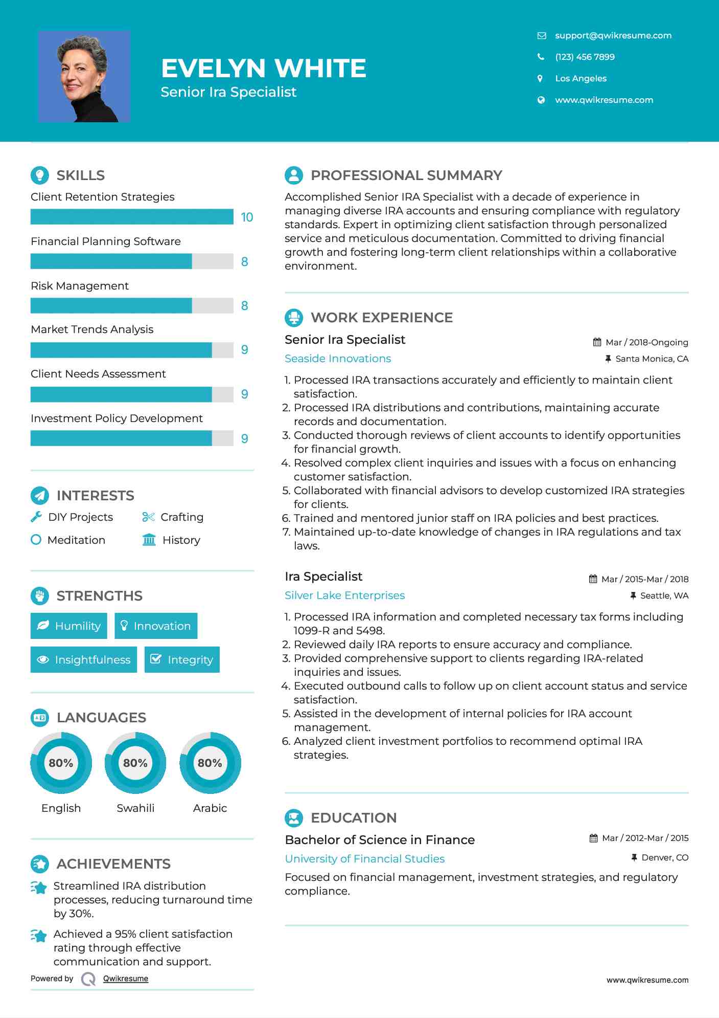 Senior Ira Specialist  Resume Example