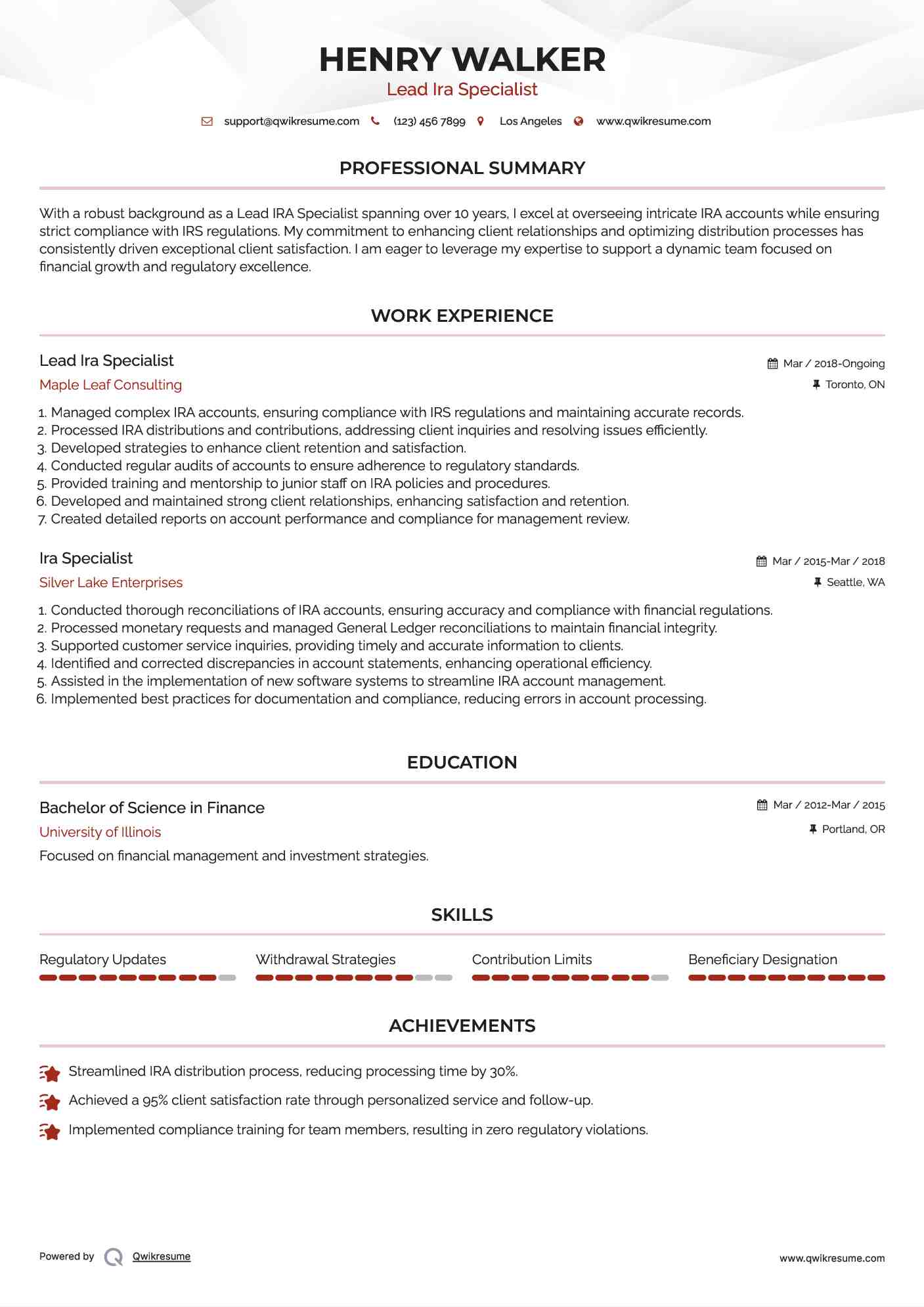 Lead Ira Specialist Resume Example