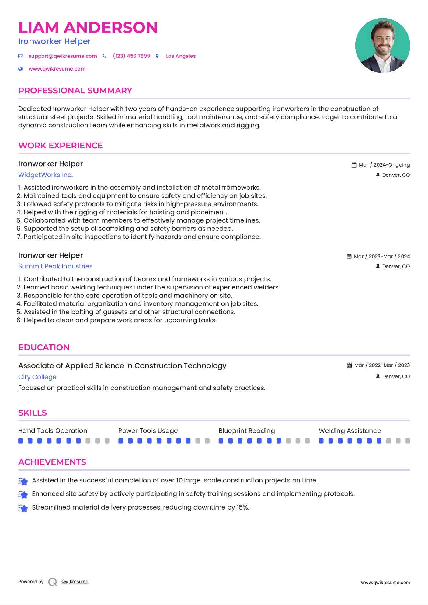 Ironworker Helper Resume Example