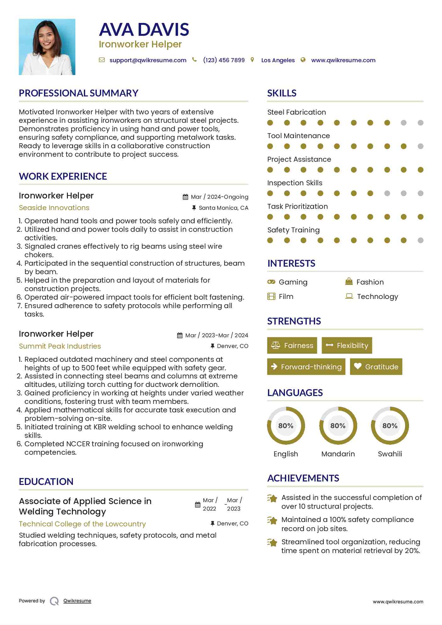 Ironworker Helper Resume Example