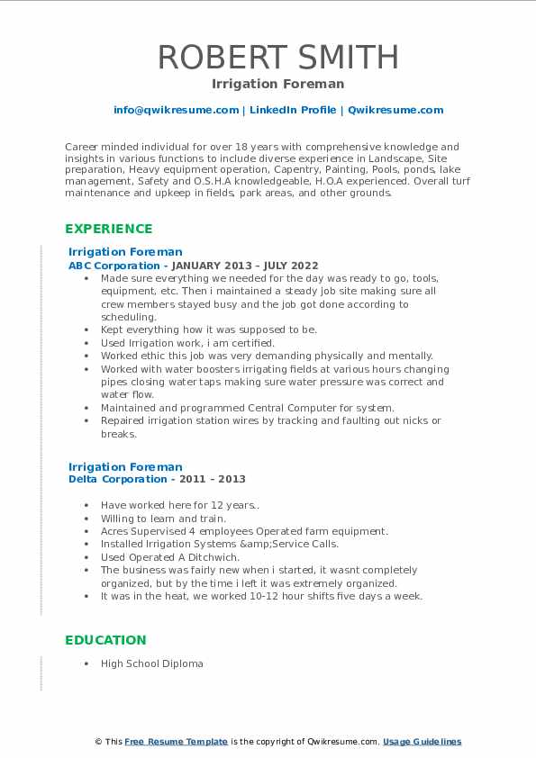 Irrigation Foreman Resume Samples - Irrigation Foreman 1661350927 Pdf 