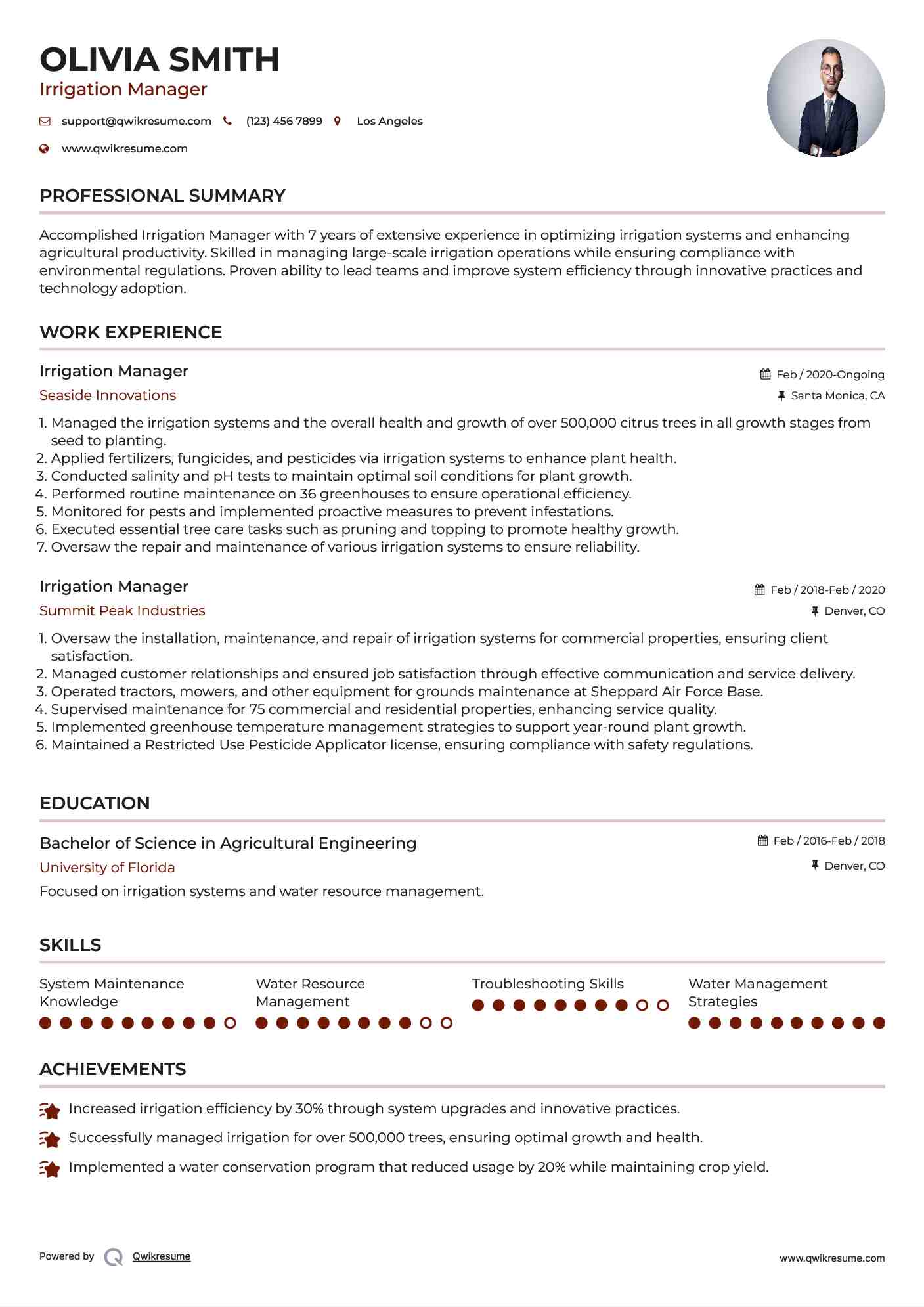 Irrigation Manager Resume Model