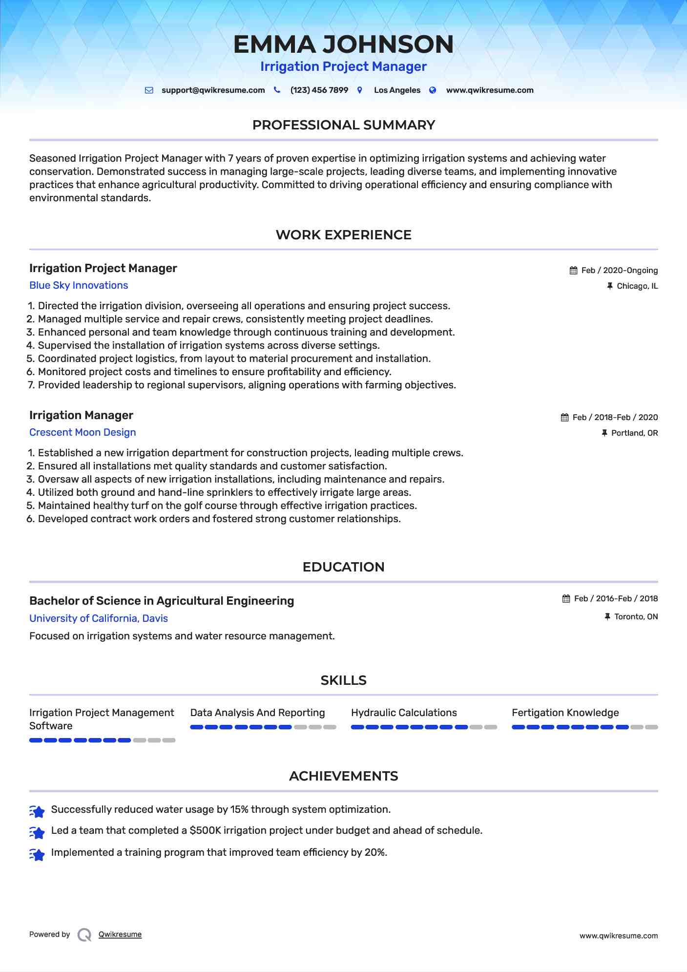 Irrigation Project Manager Resume Sample