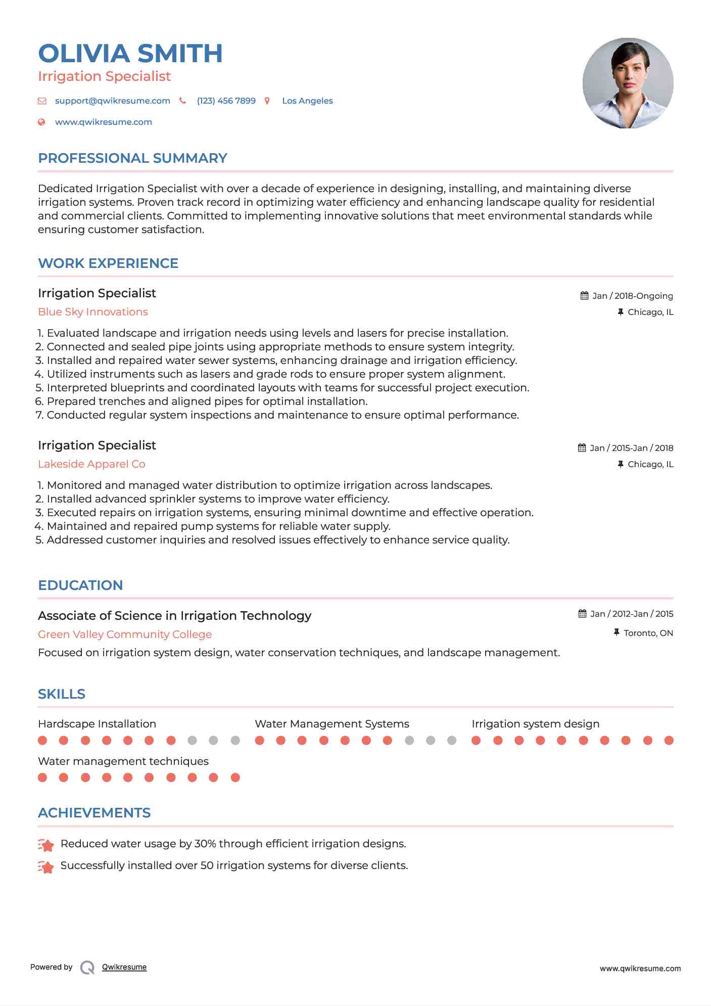 Irrigation Specialist Resume Sample