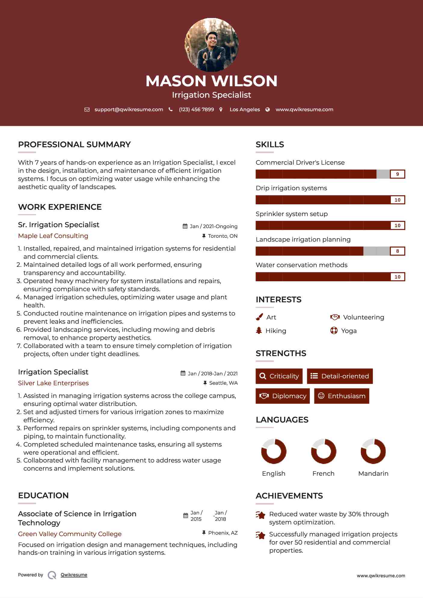 Sr. Irrigation Specialist Resume Template