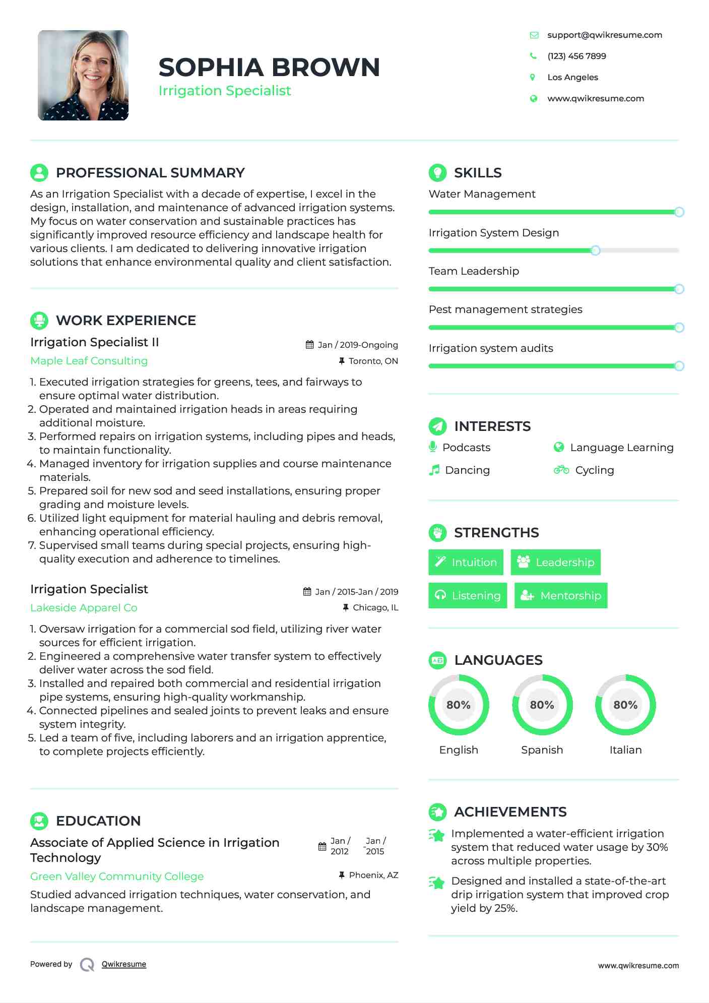 Irrigation Specialist II Resume Template