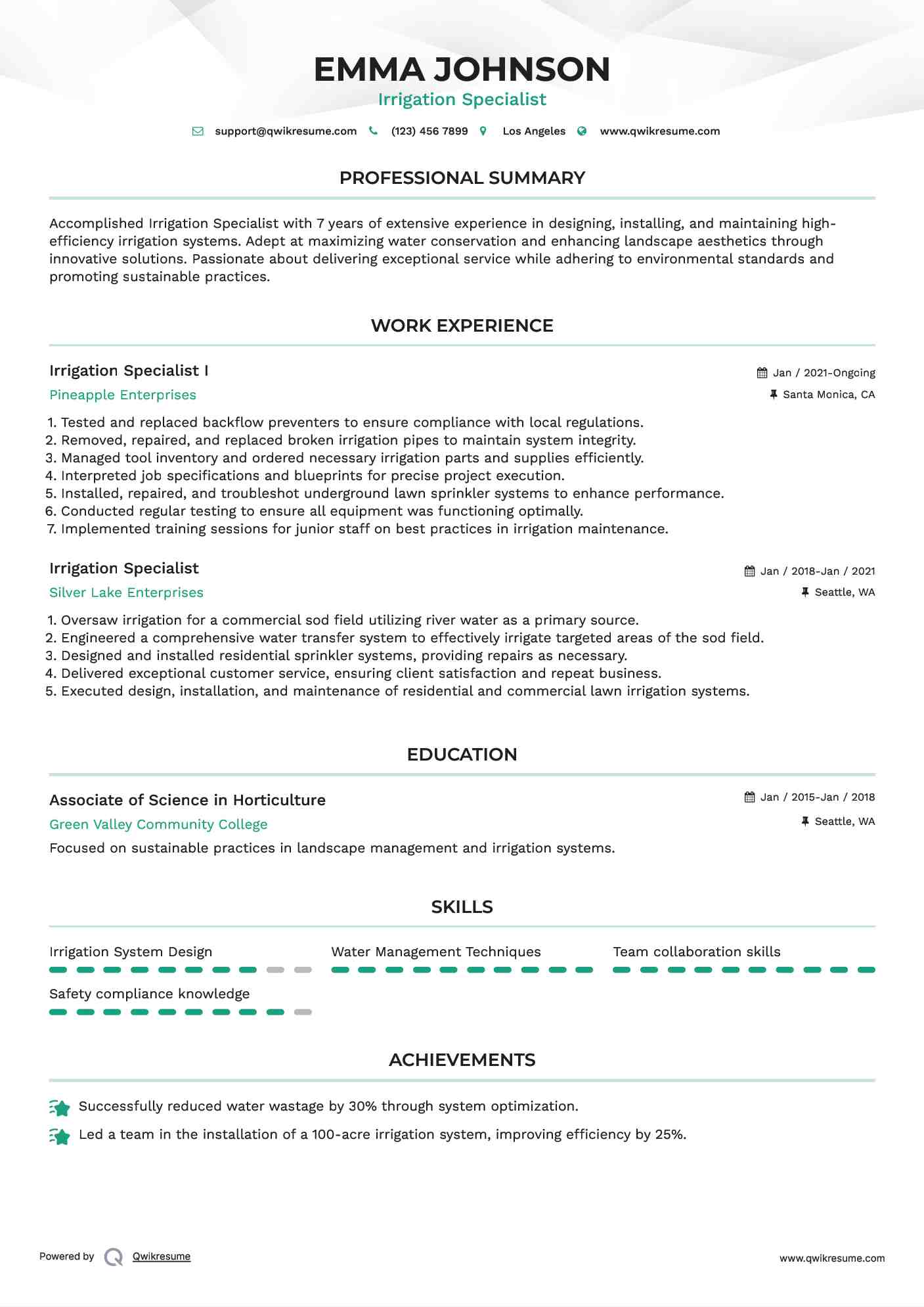 Irrigation Specialist I Resume Template