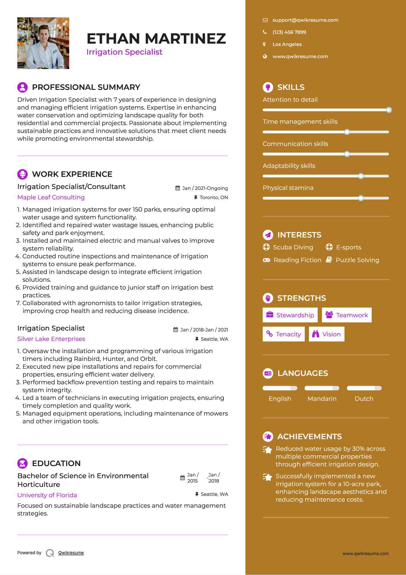 Irrigation Specialist/Consultant Resume Model