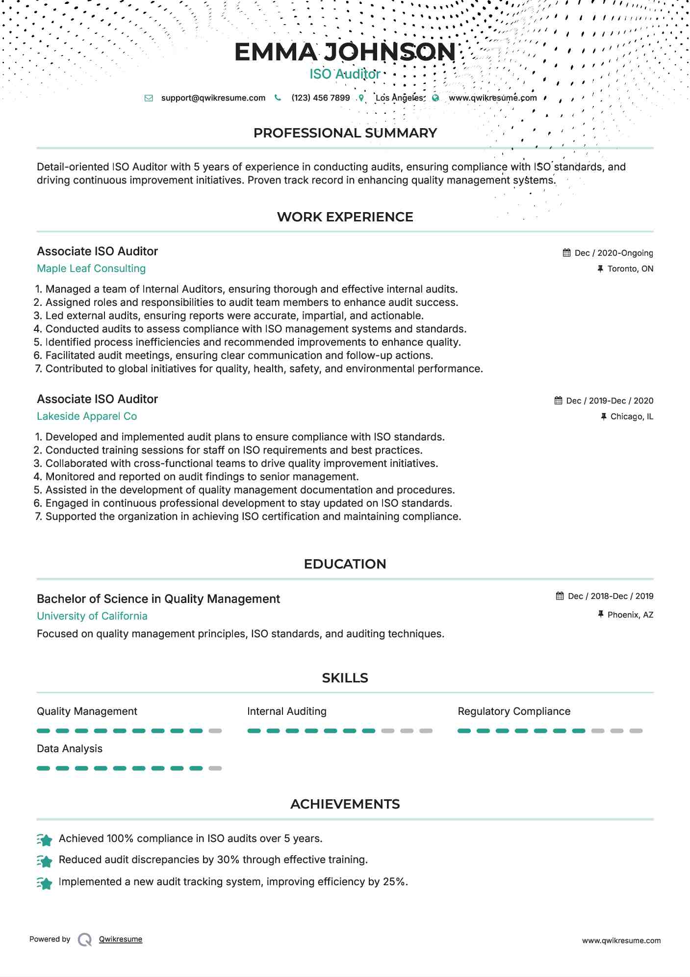 Associate ISO Auditor Resume Example