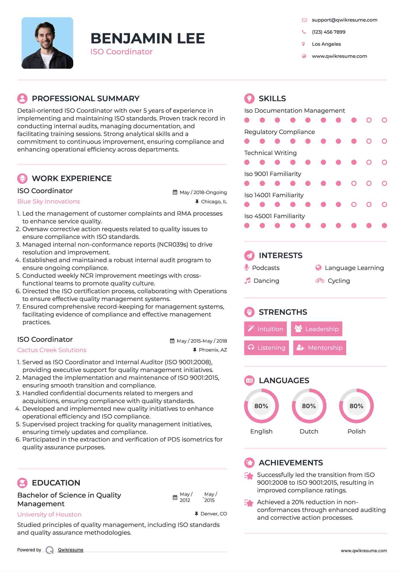 ISO Coordinator Resume Example