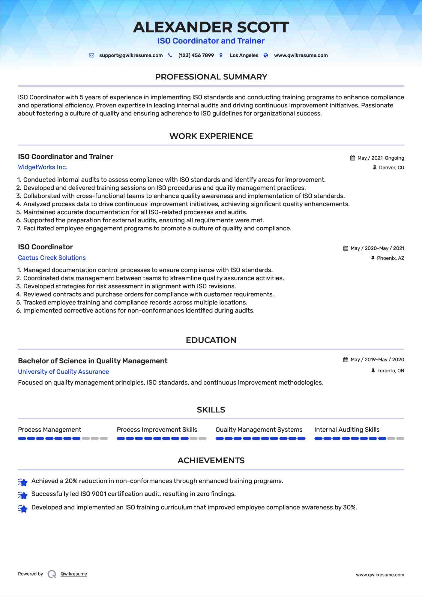 ISO Coordinator and Trainer Resume Sample