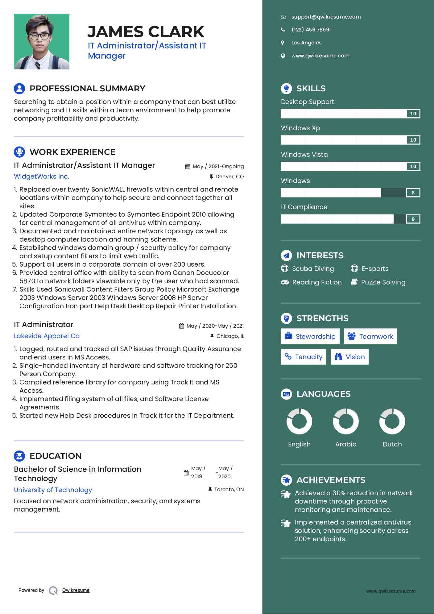 IT Administrator/Assistant IT Manager Resume Sample