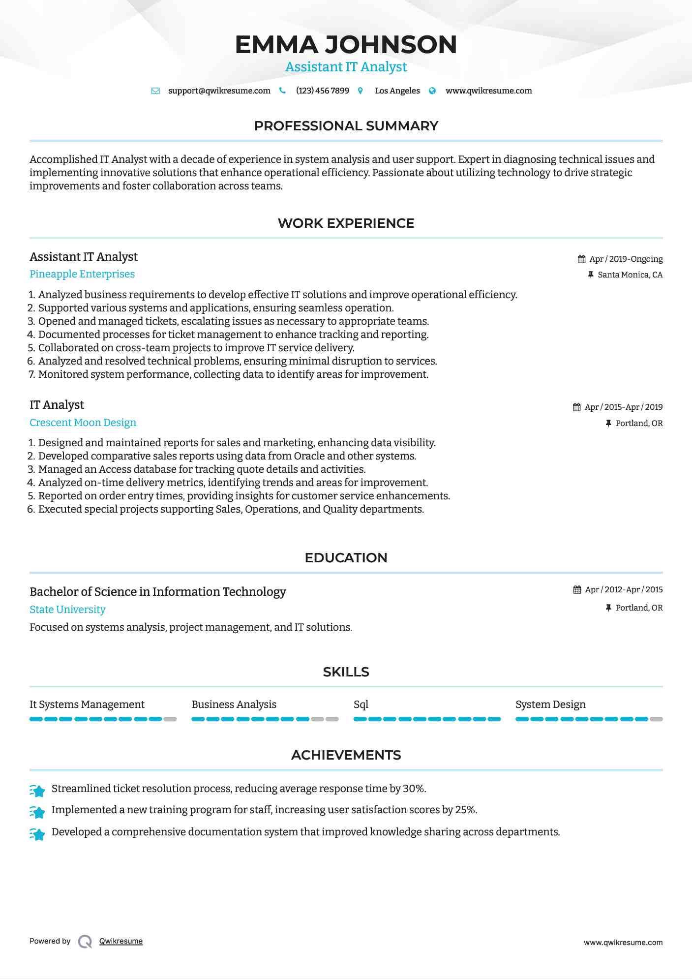 Assistant IT Analyst Resume Format