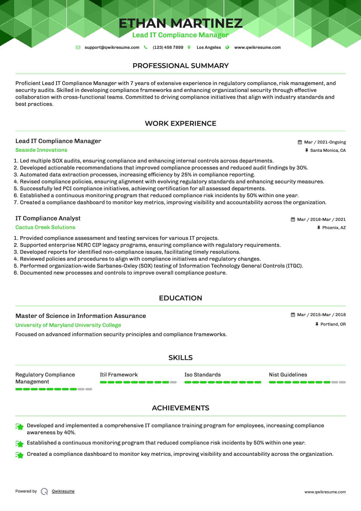 Lead IT Compliance Manager Resume Example