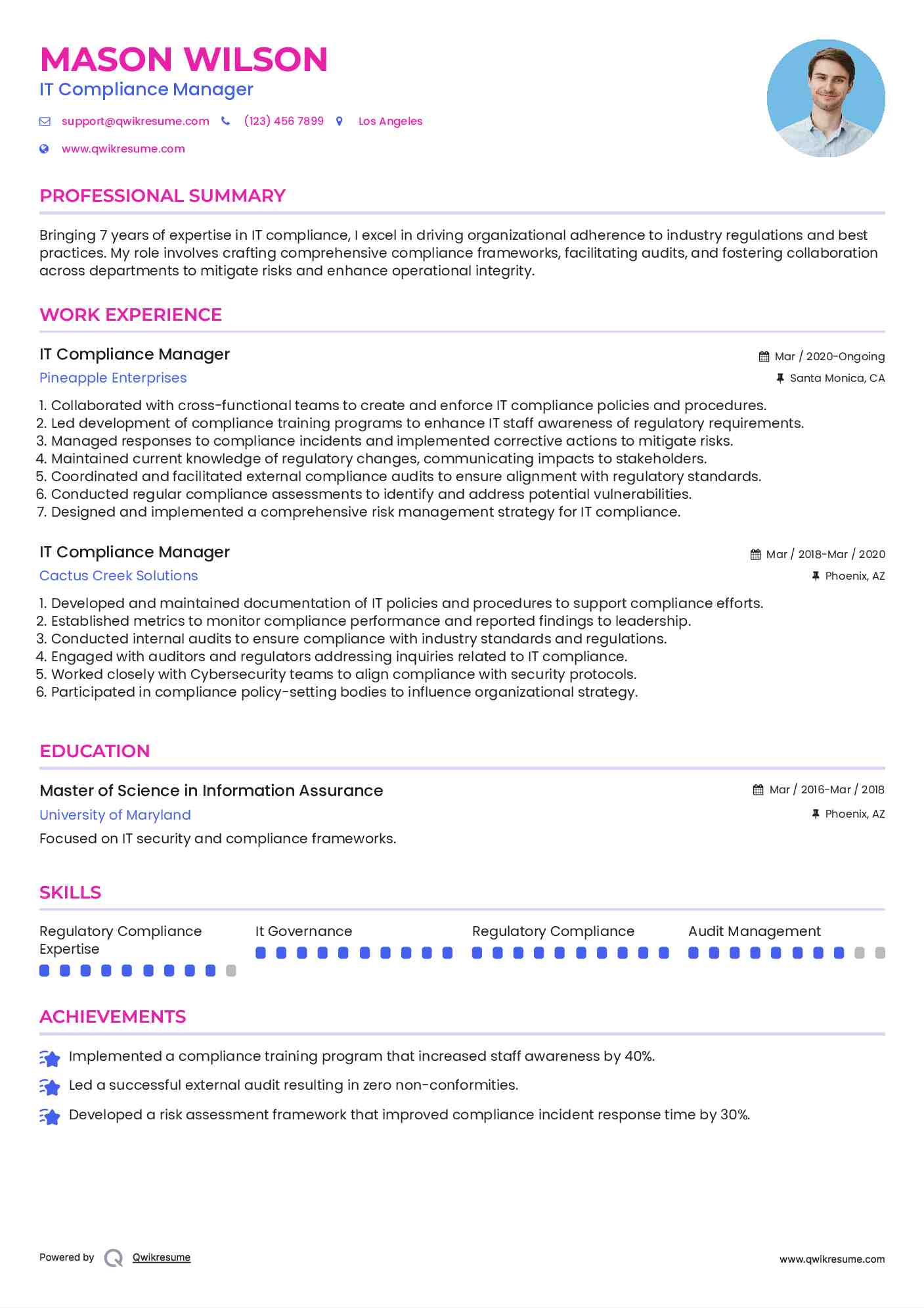 IT Compliance Manager Resume Format