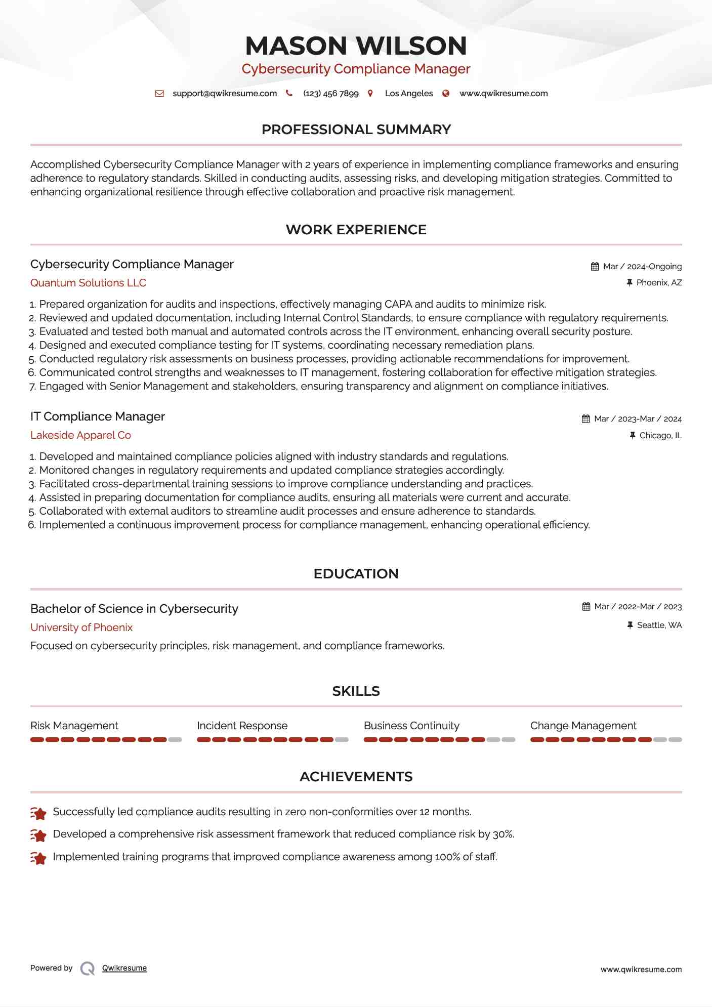 Cybersecurity Compliance Manager Resume Model