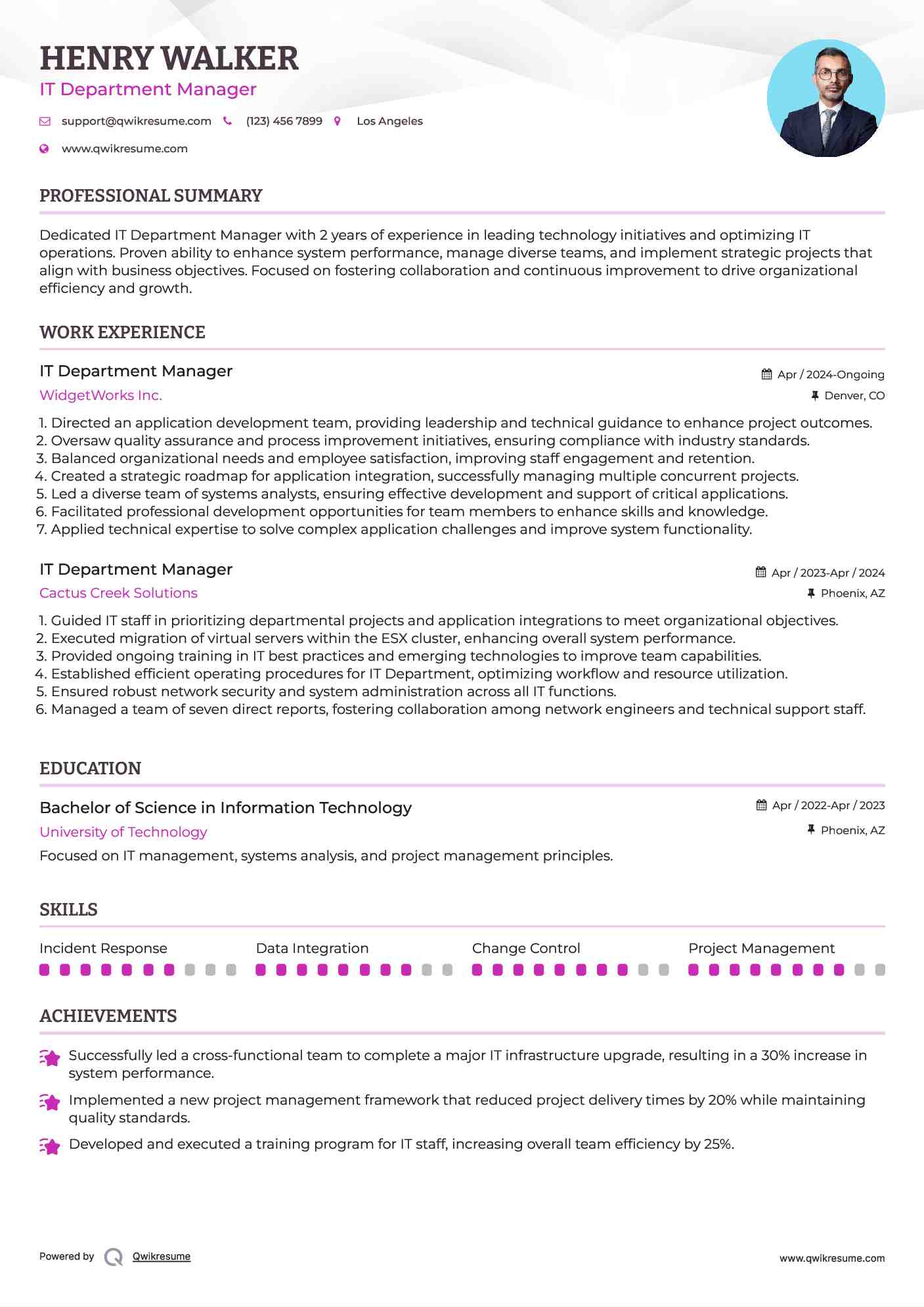 IT Department Manager Resume Sample
