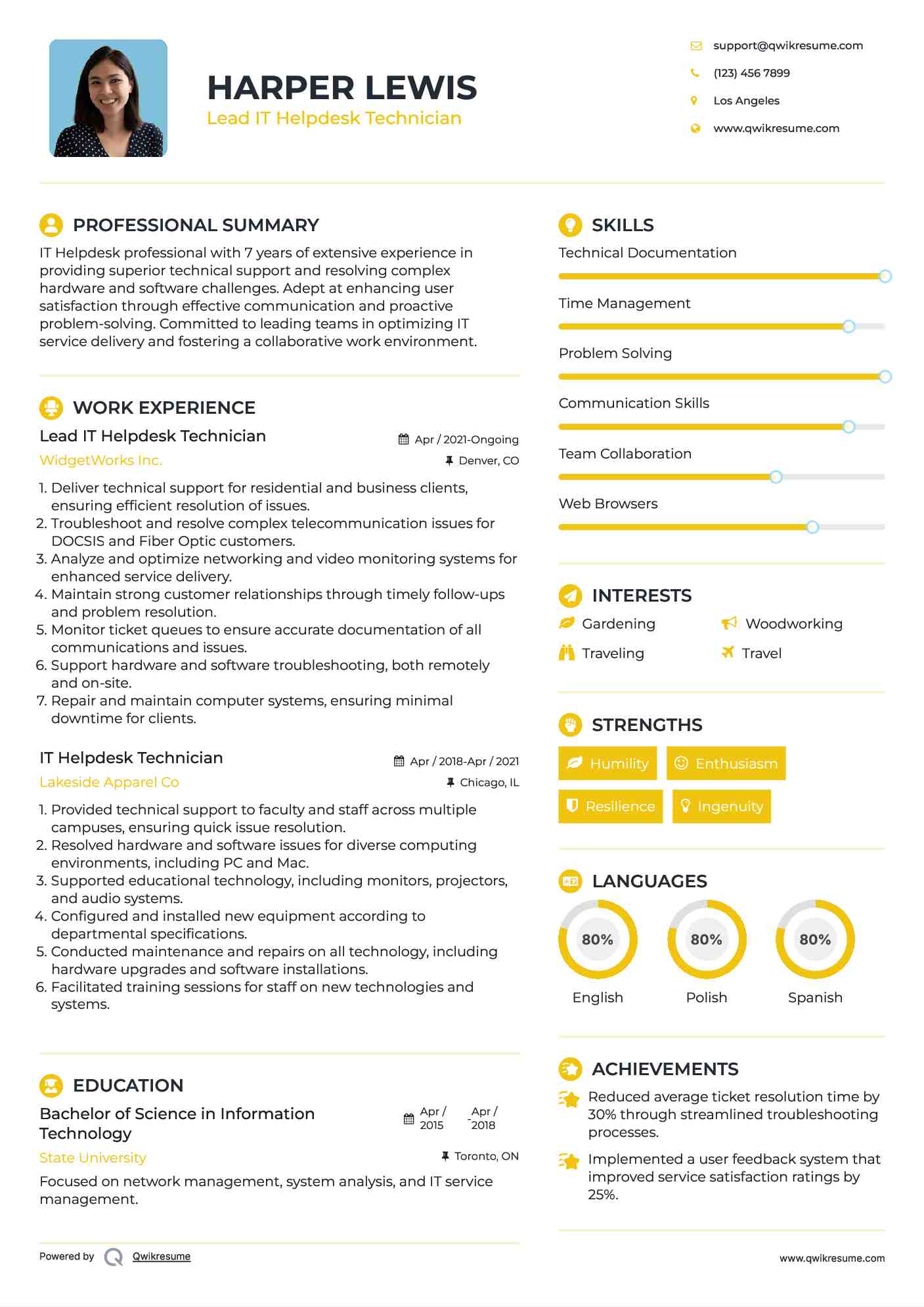 Lead IT Helpdesk Technician Resume Example