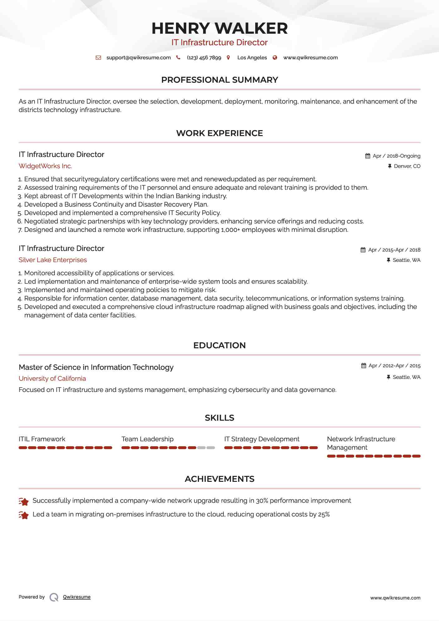 IT Infrastructure Director Resume Format