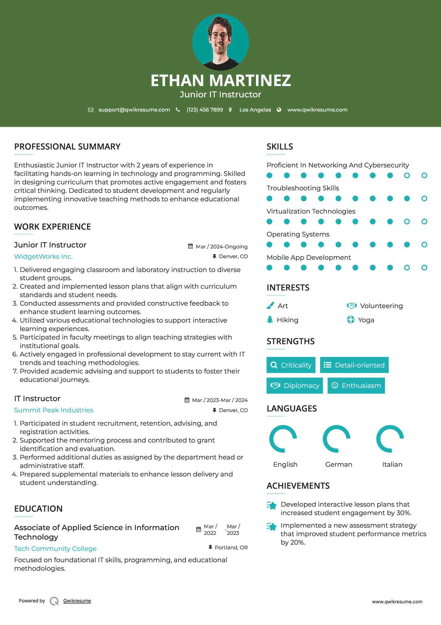 Junior IT Instructor Resume Sample