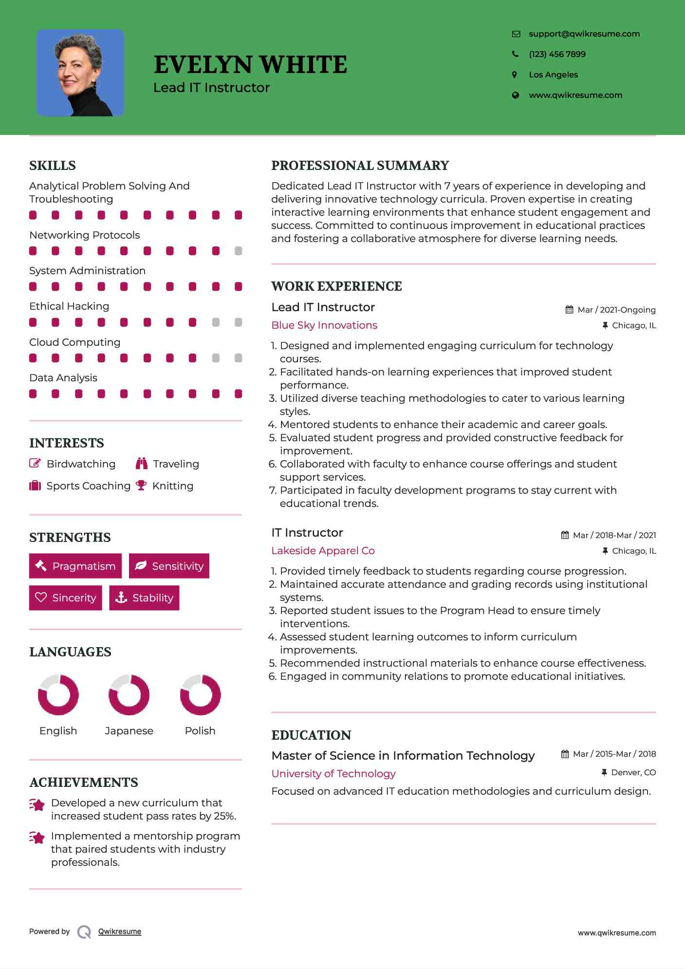 Lead IT Instructor Resume Model