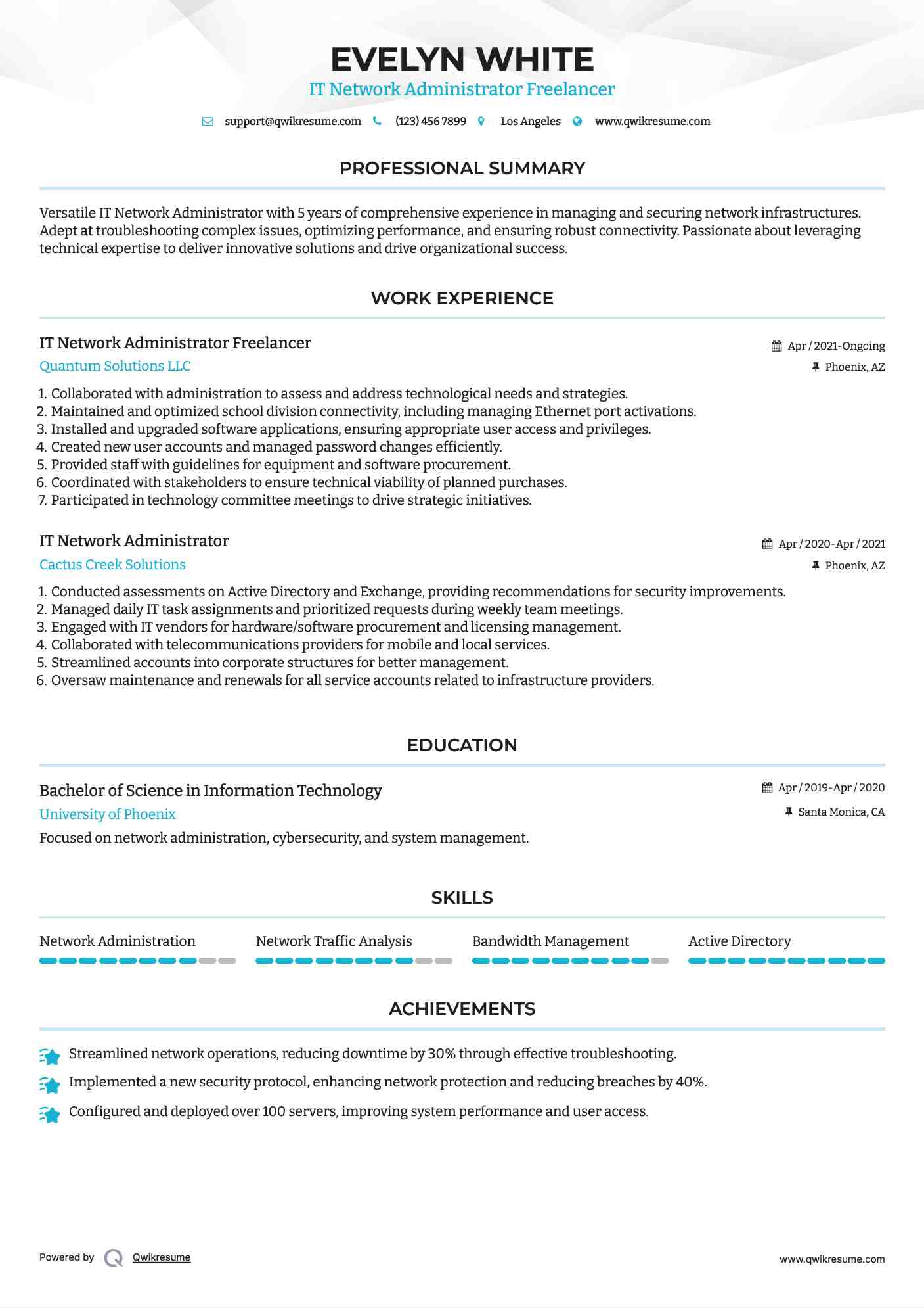 IT Network Administrator Freelancer Resume Example