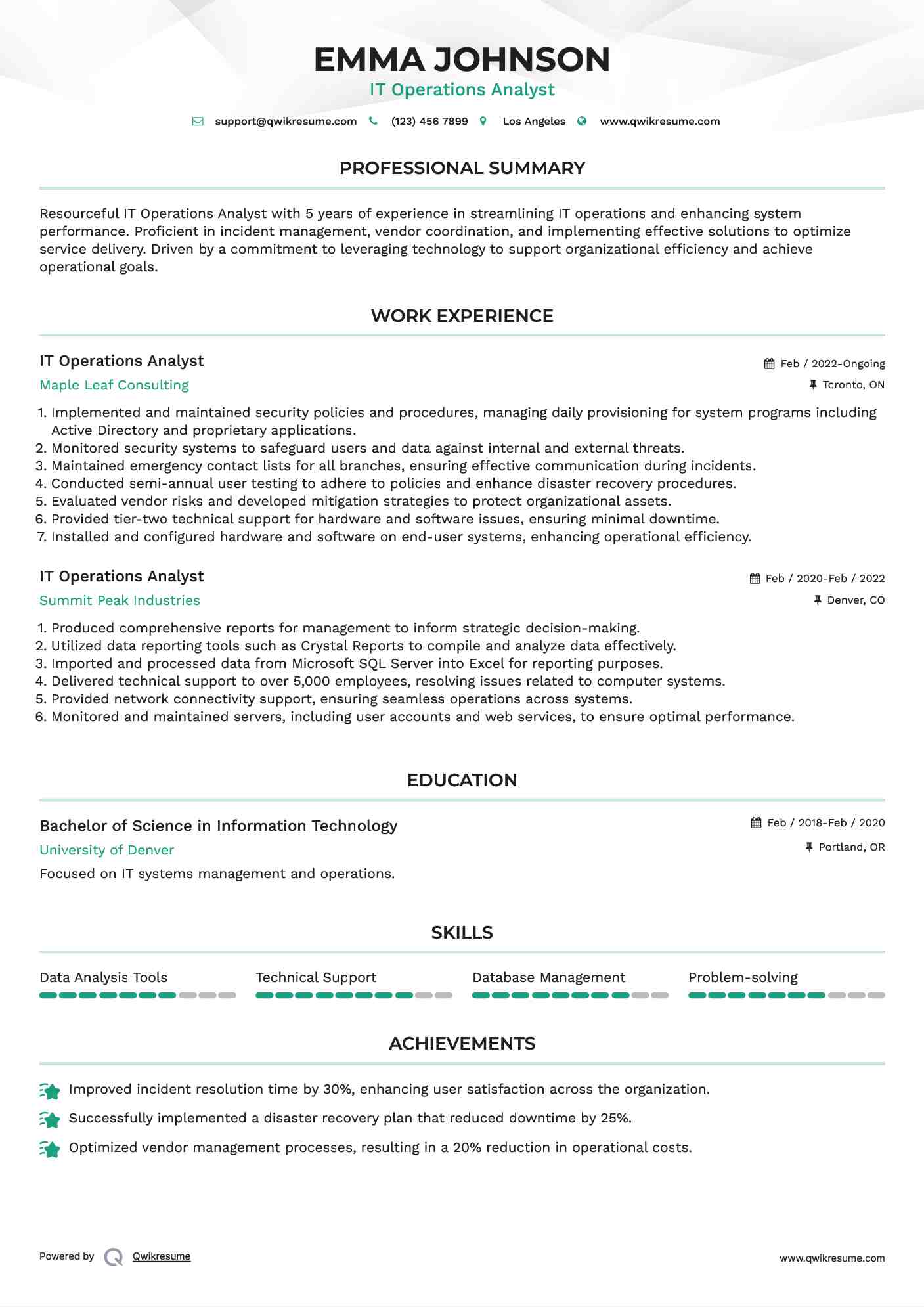 IT Operations Analyst Resume Sample