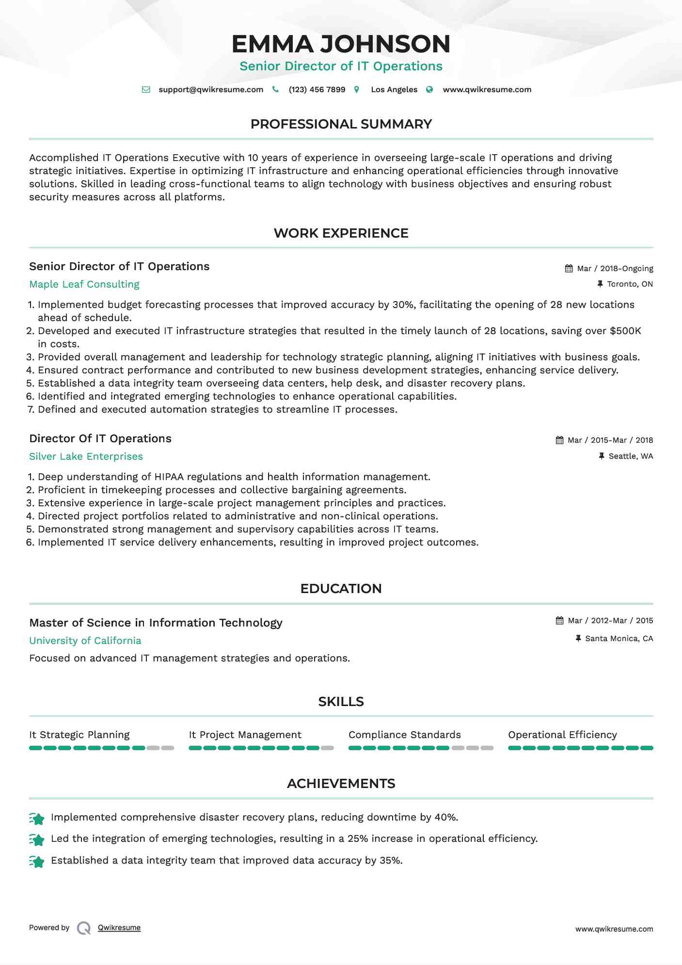 Senior Director of IT Operations
 Resume Example