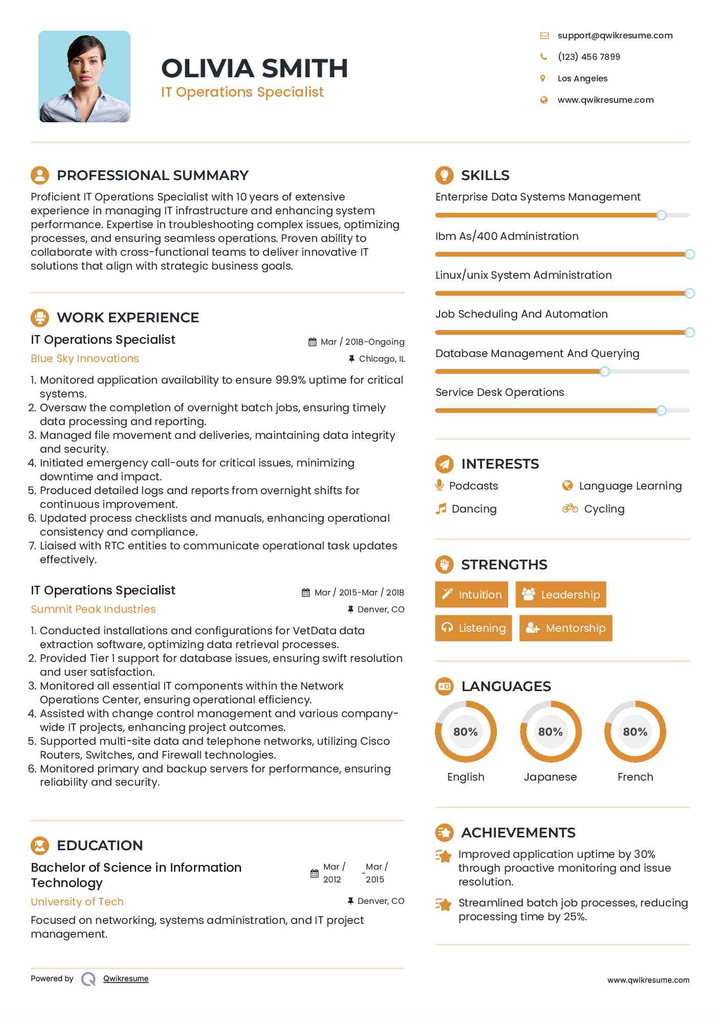 IT Operations Specialist Resume Sample