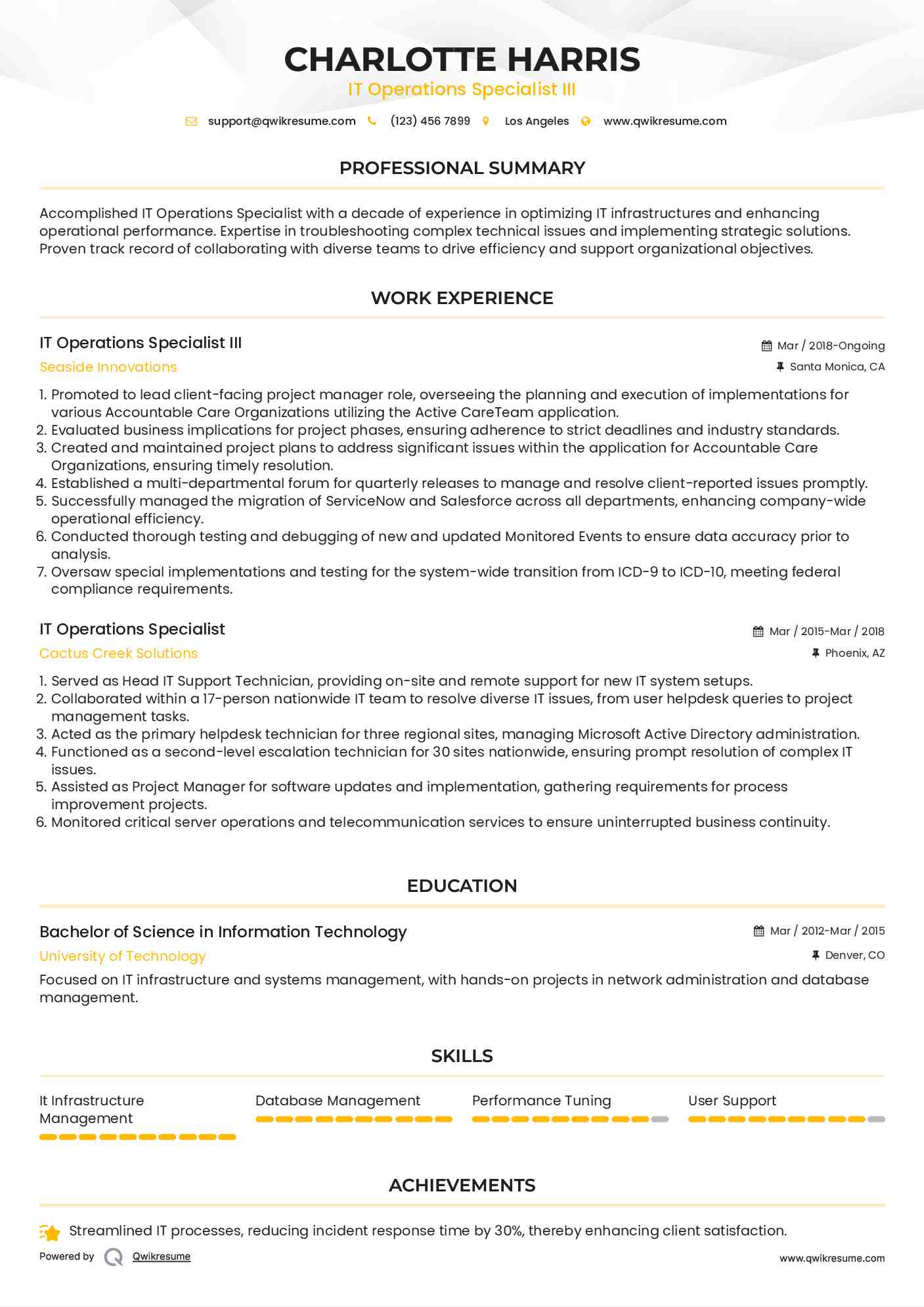 IT Operations Specialist III Resume Sample