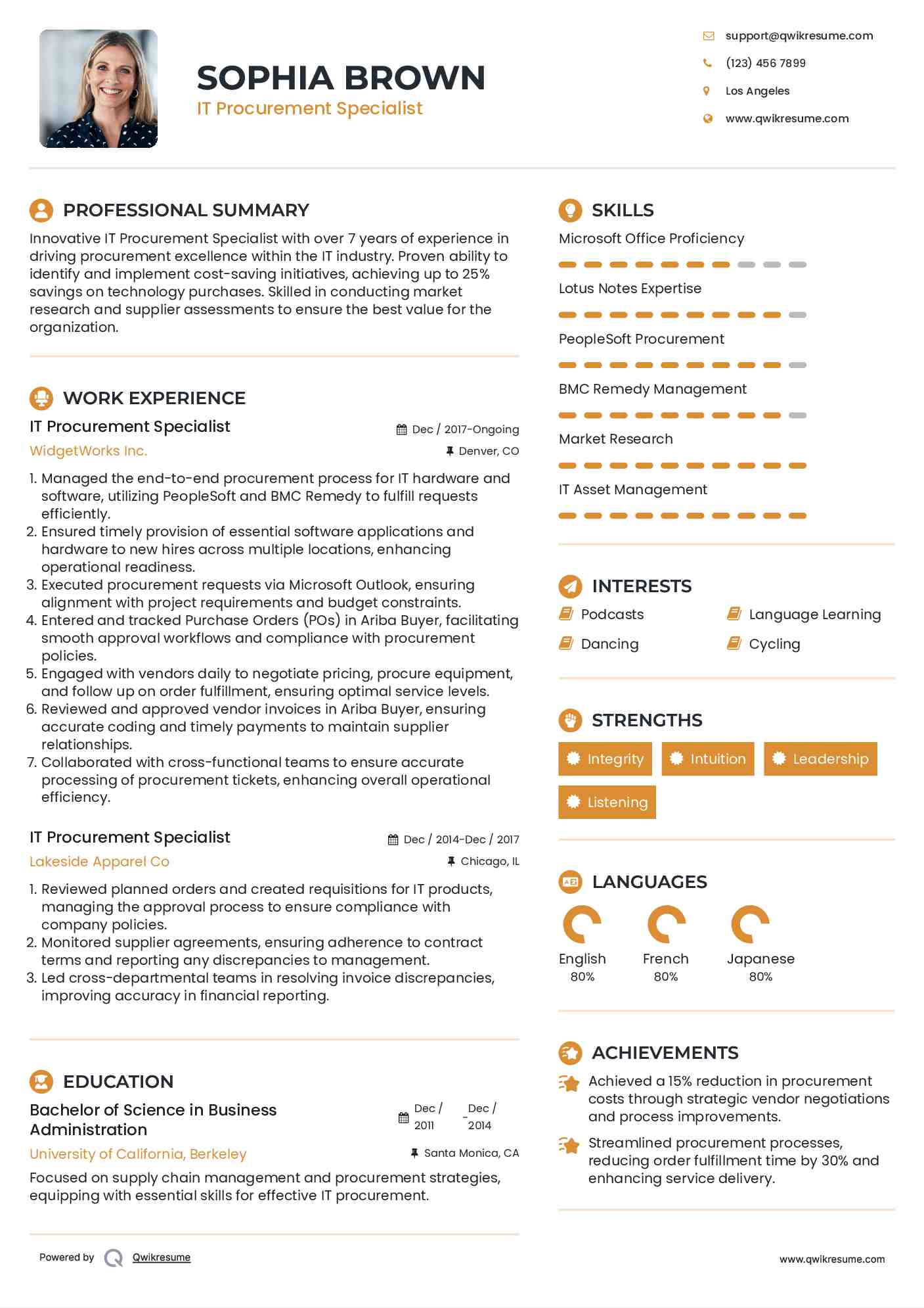 IT Procurement Specialist Resume Sample