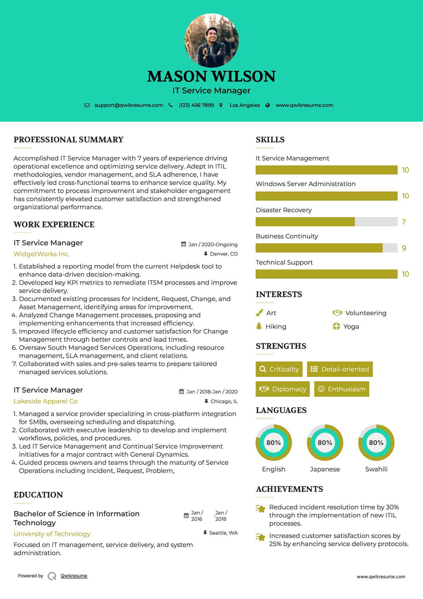 IT Service Manager Resume Example