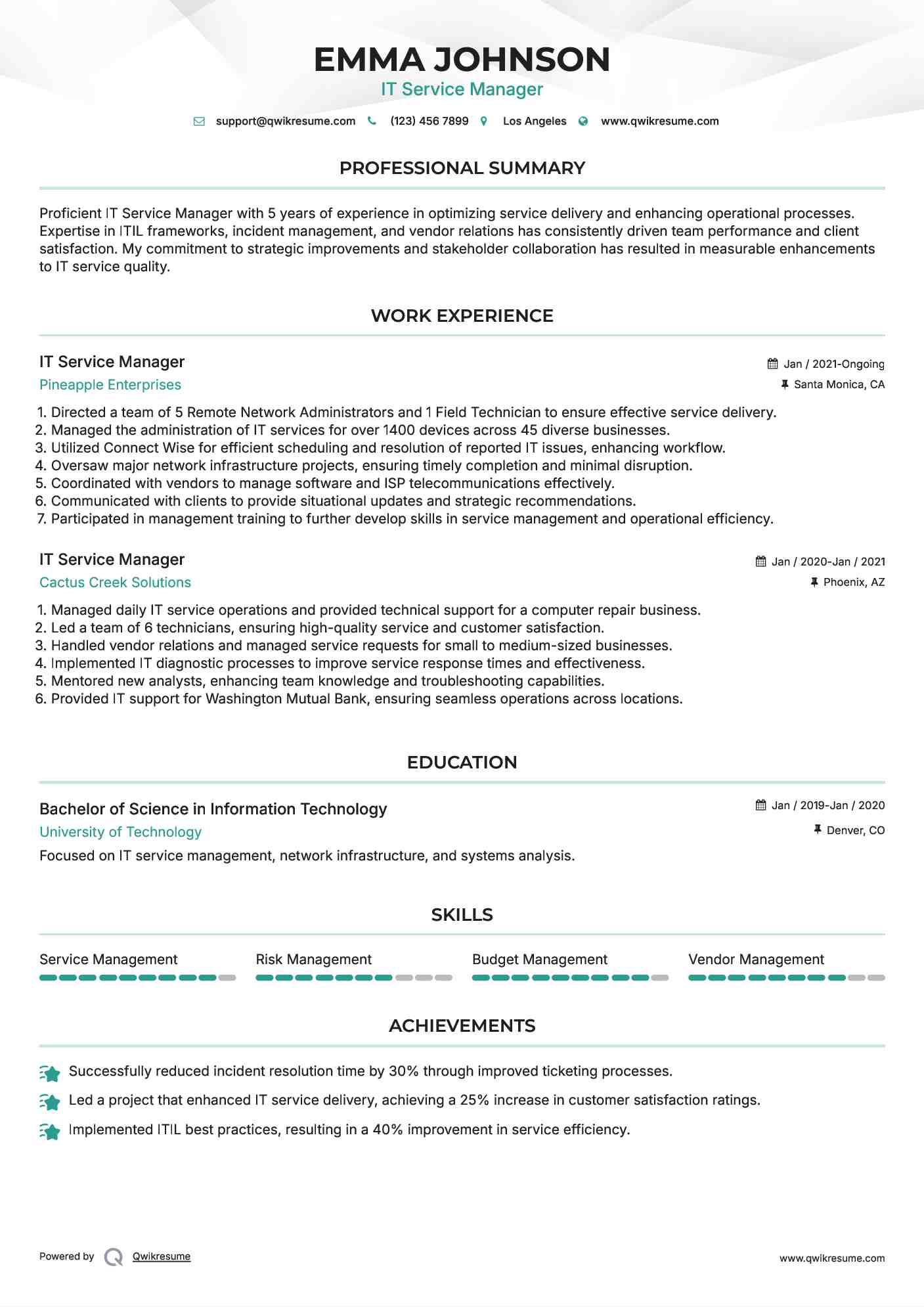 IT Service Manager Resume Template