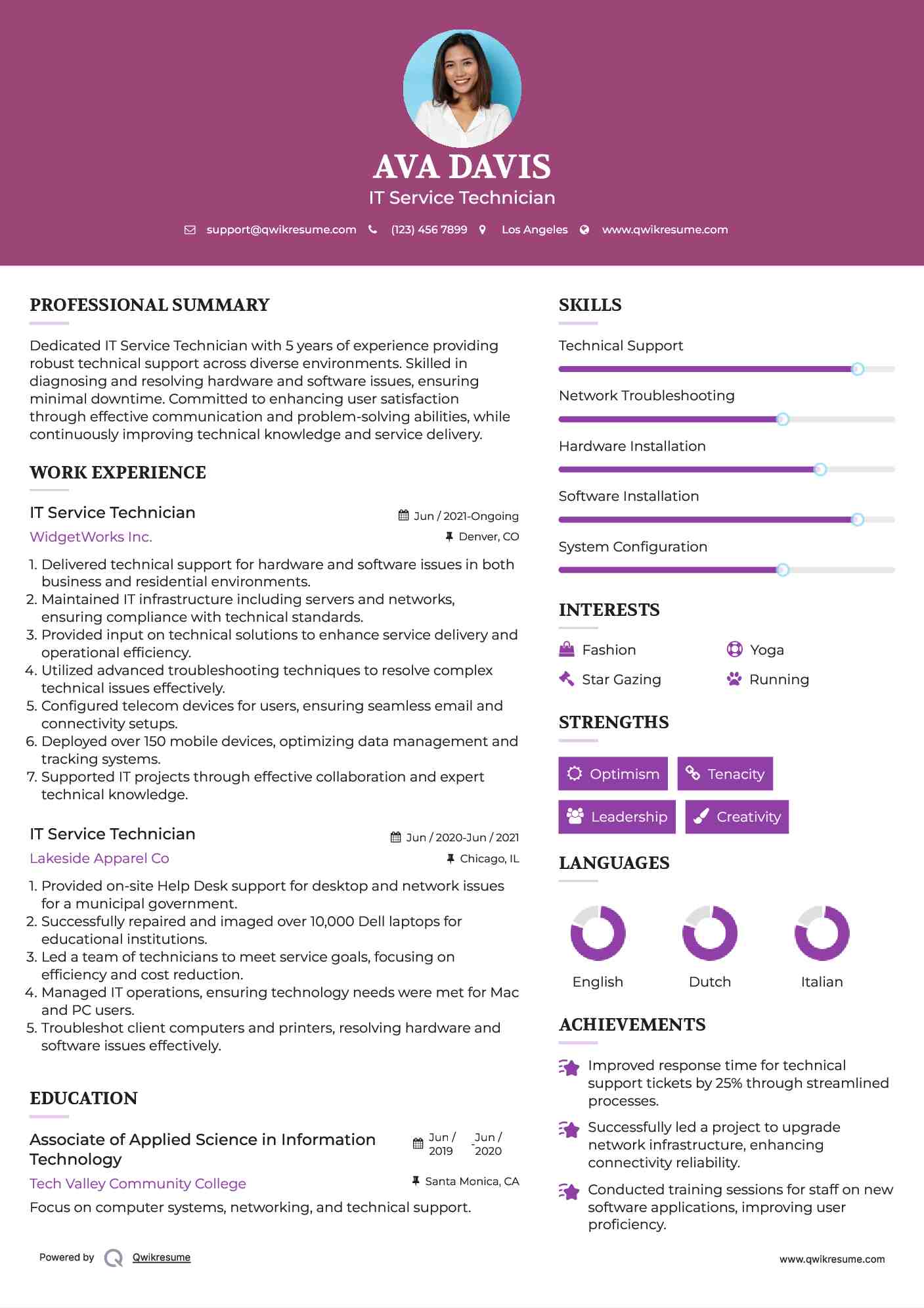 IT Service Technician Resume Example