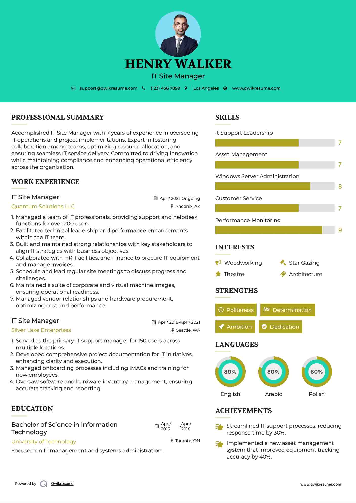 IT Site Manager Resume Example