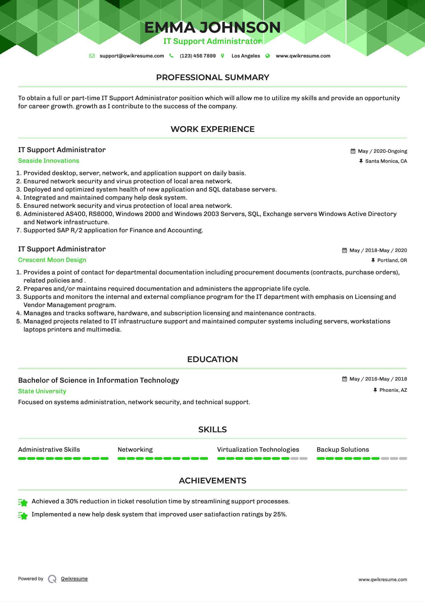 IT Support Administrator Resume Template