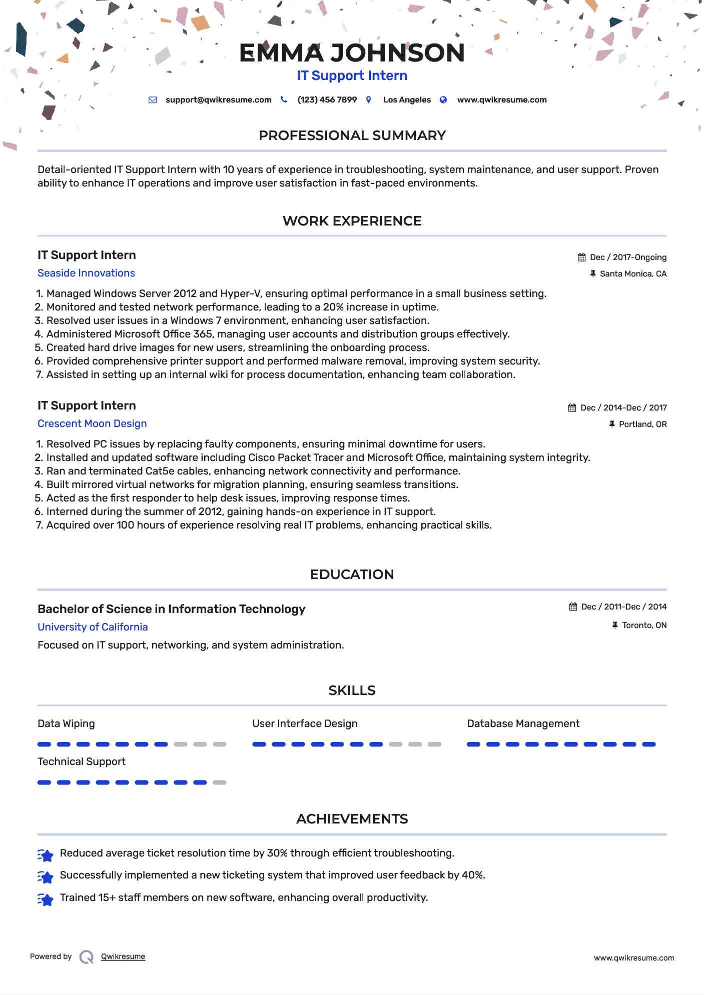IT Support Intern Resume Sample