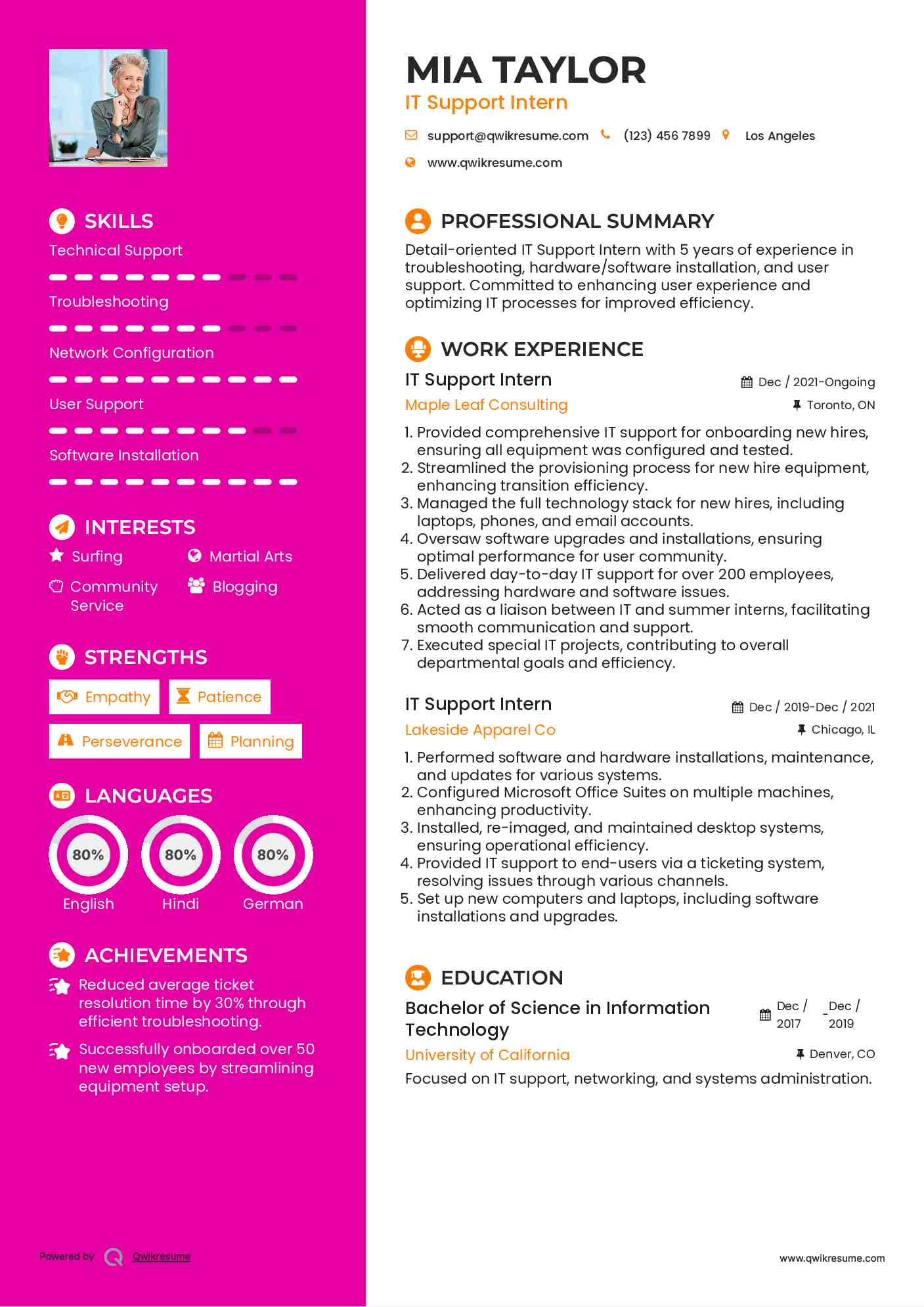 IT Support Intern Resume Format