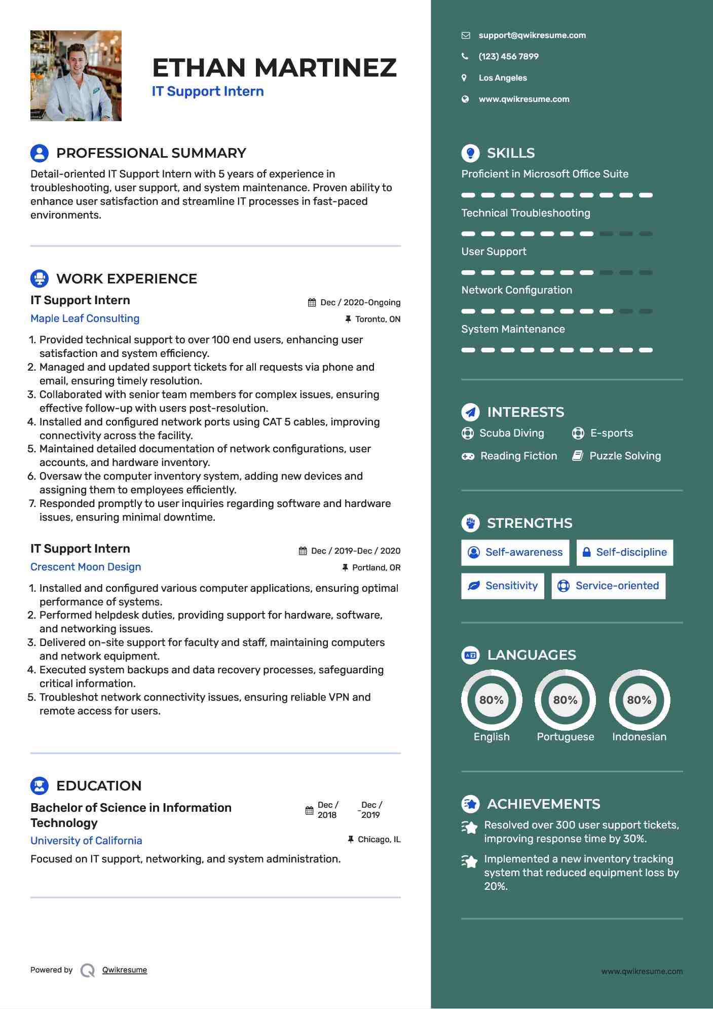 IT Support Intern Resume Example