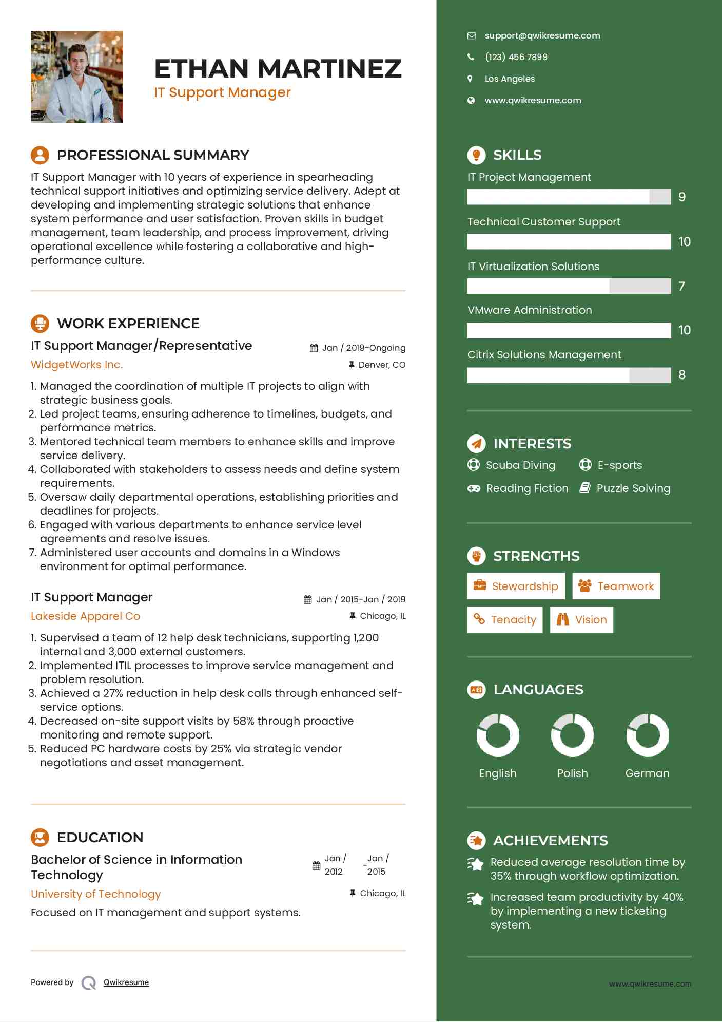 IT Support Manager/Representative Resume Example
