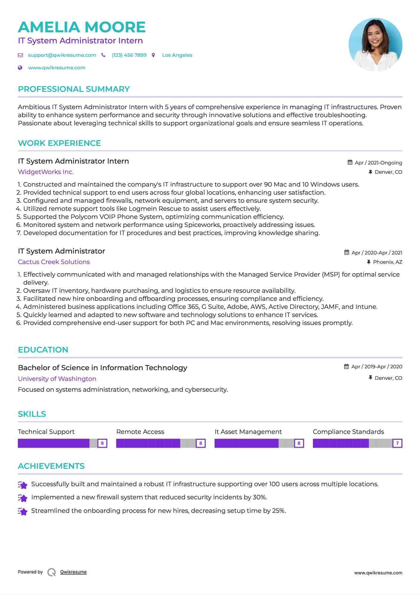 IT System Administrator Intern Resume Model