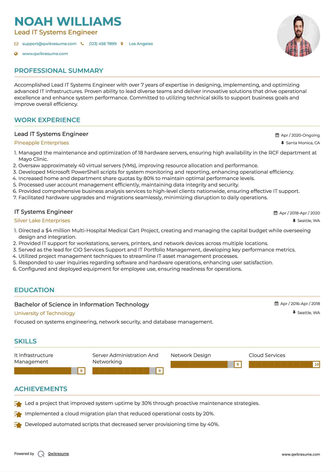 Lead IT Systems Engineer Resume Sample