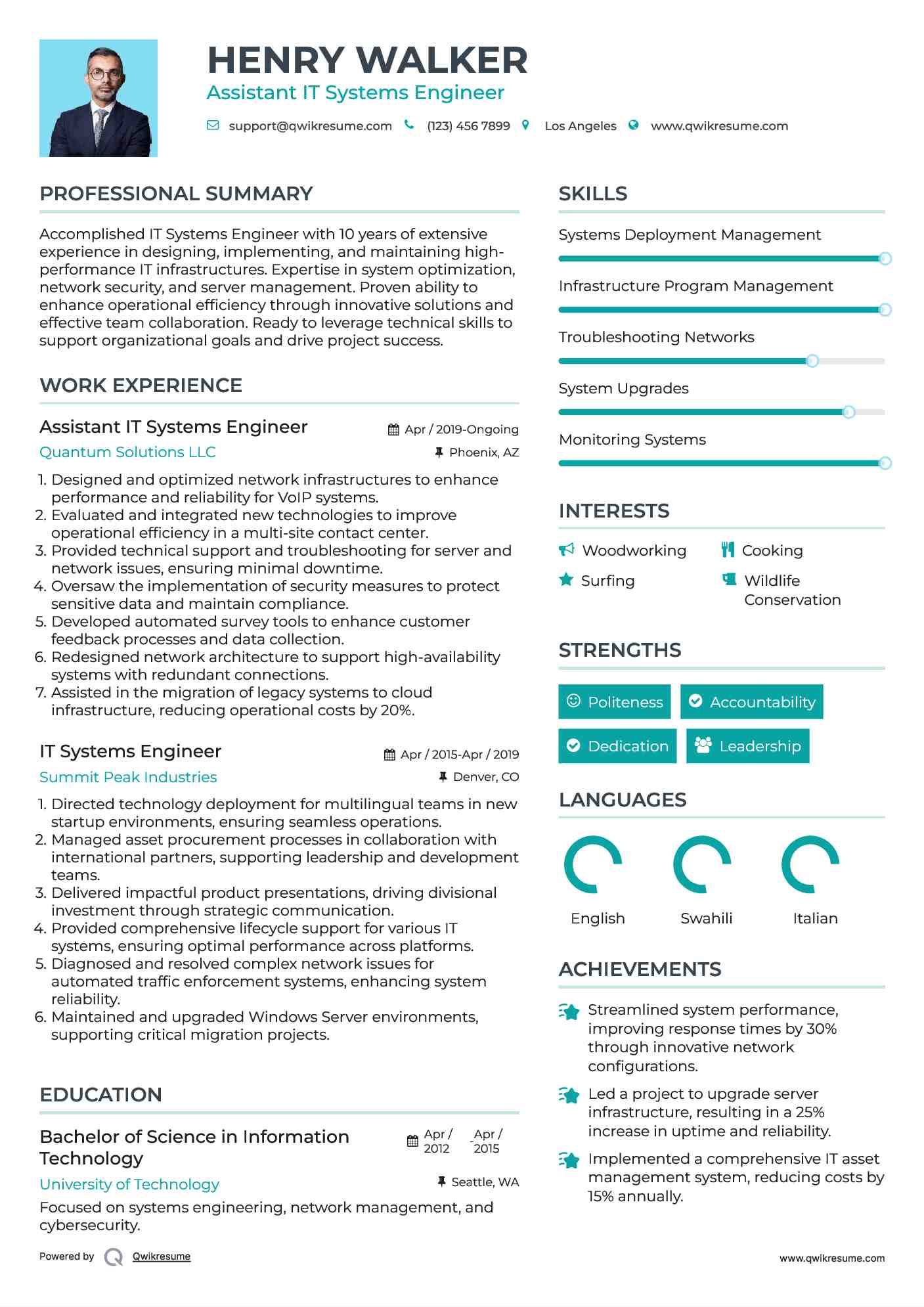 Assistant IT Systems Engineer Resume Example
