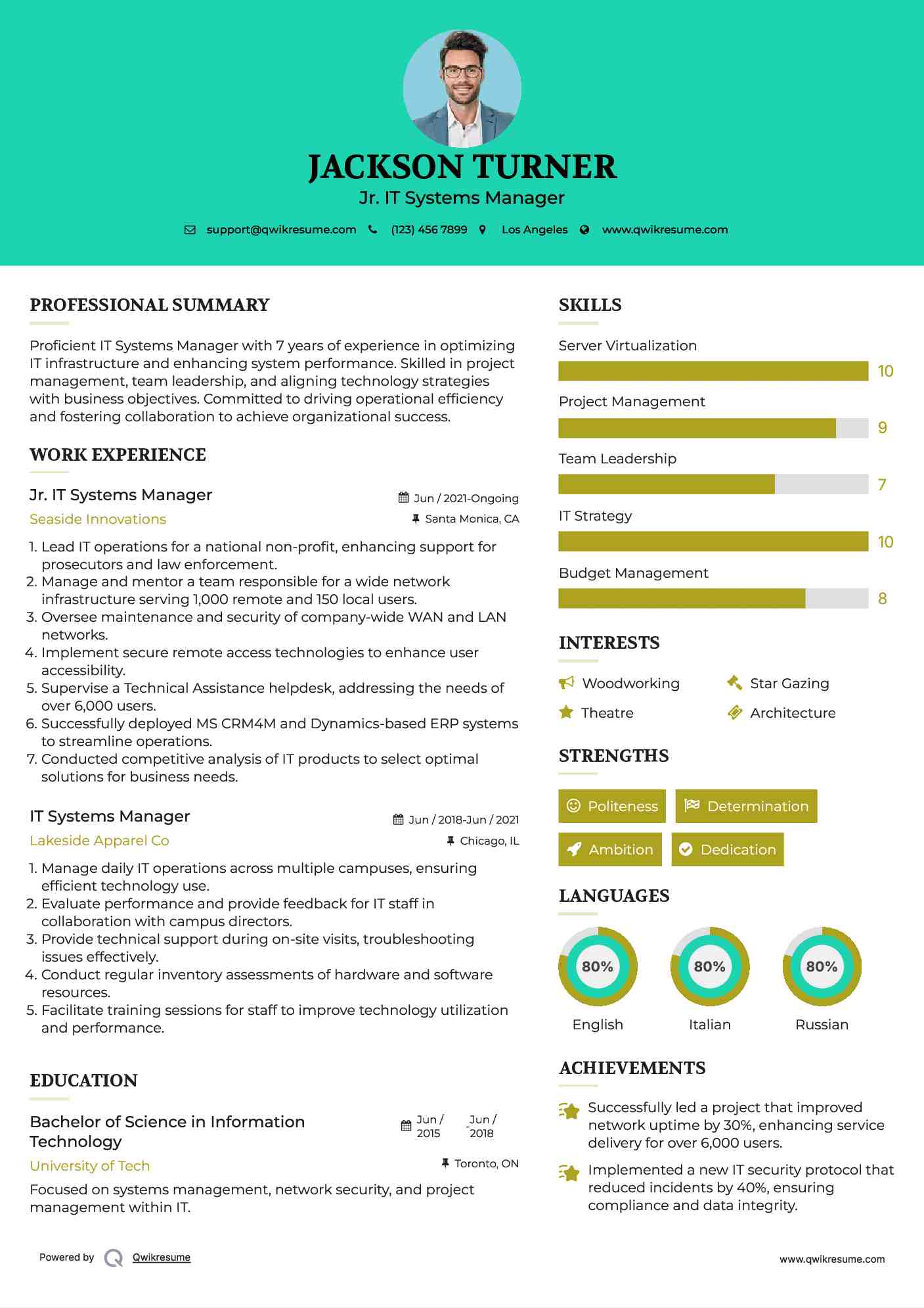 Jr. IT Systems Manager Resume Format