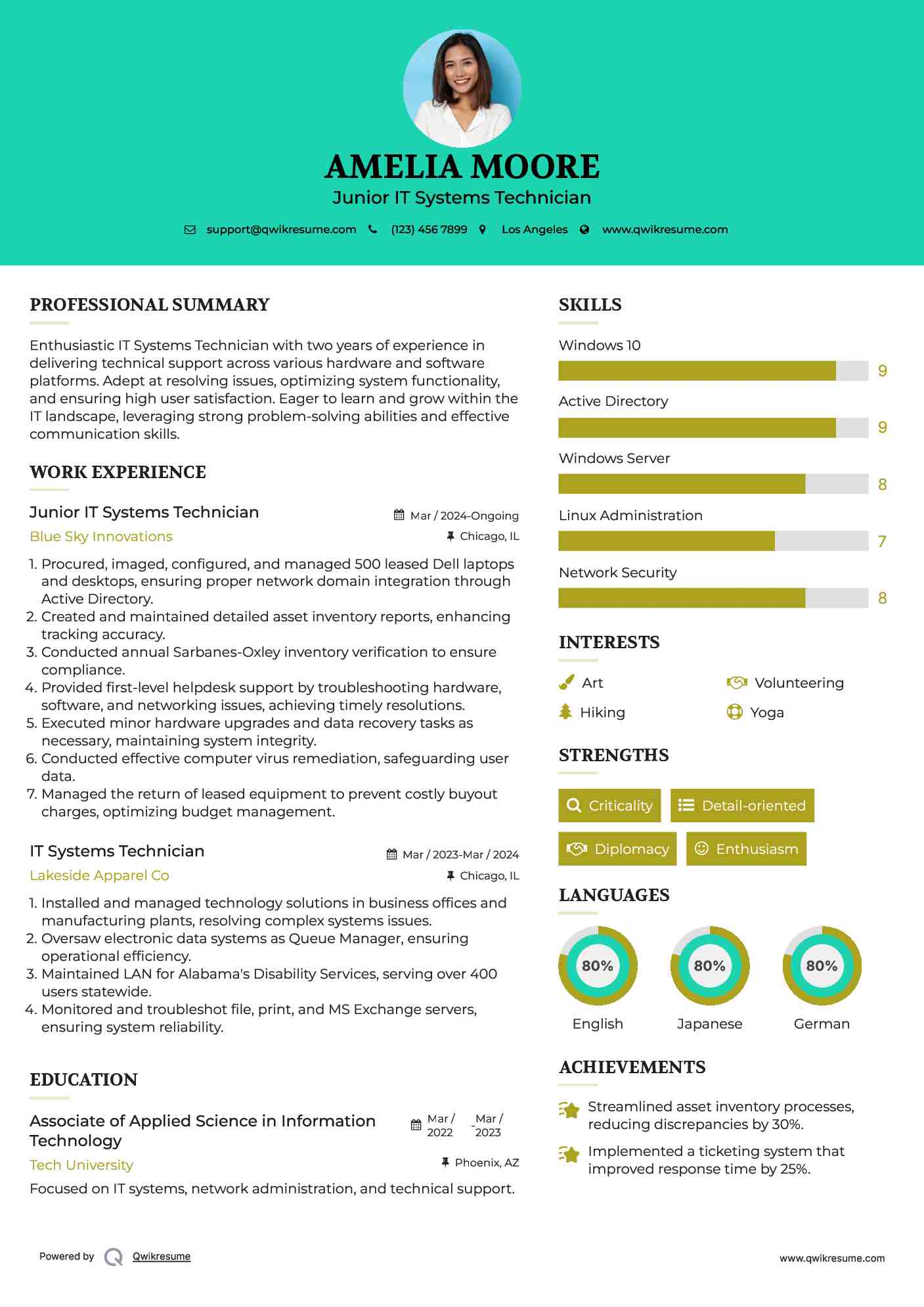 Junior IT Systems Technician Resume Sample