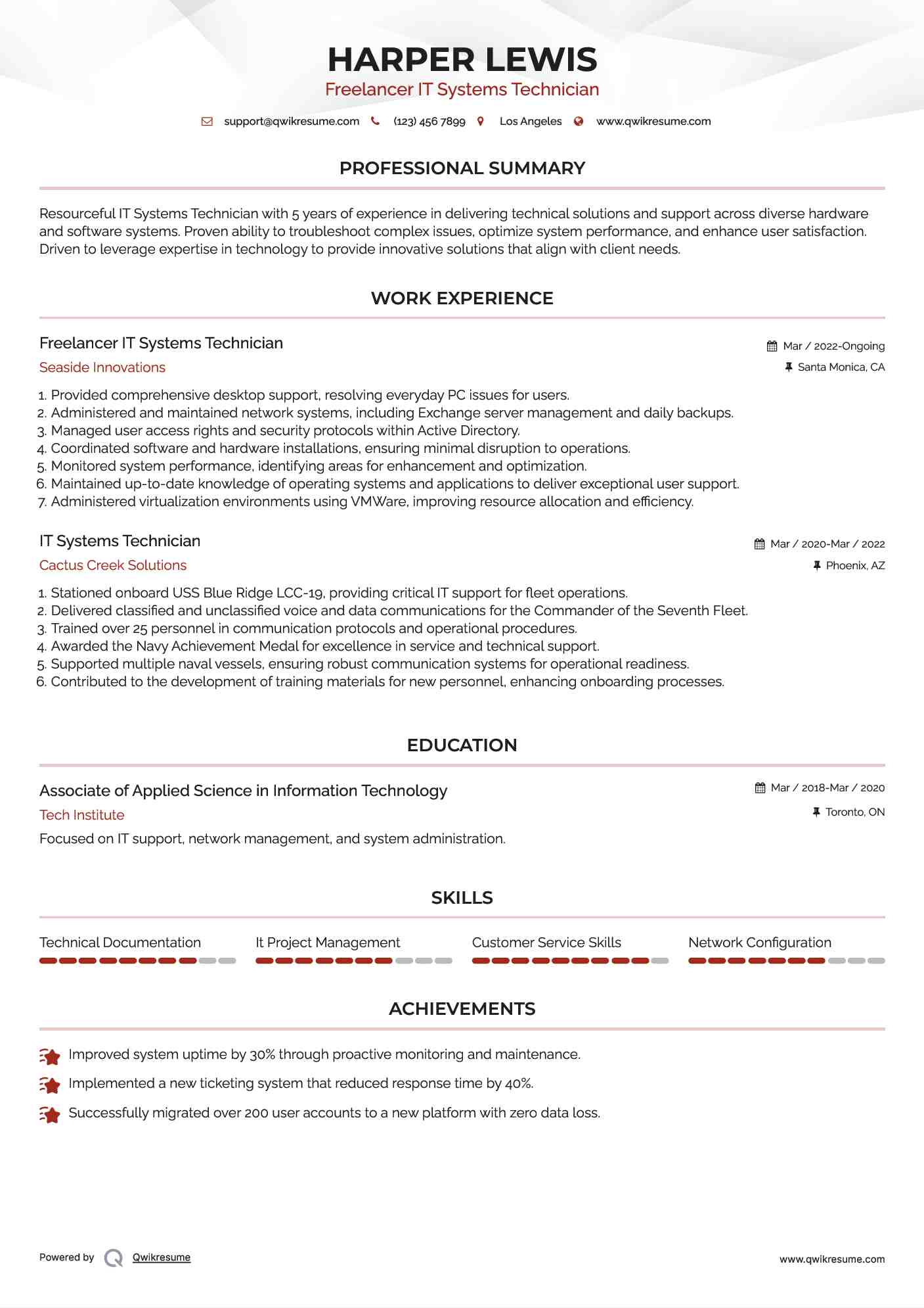 Freelancer IT Systems Technician  Resume Format